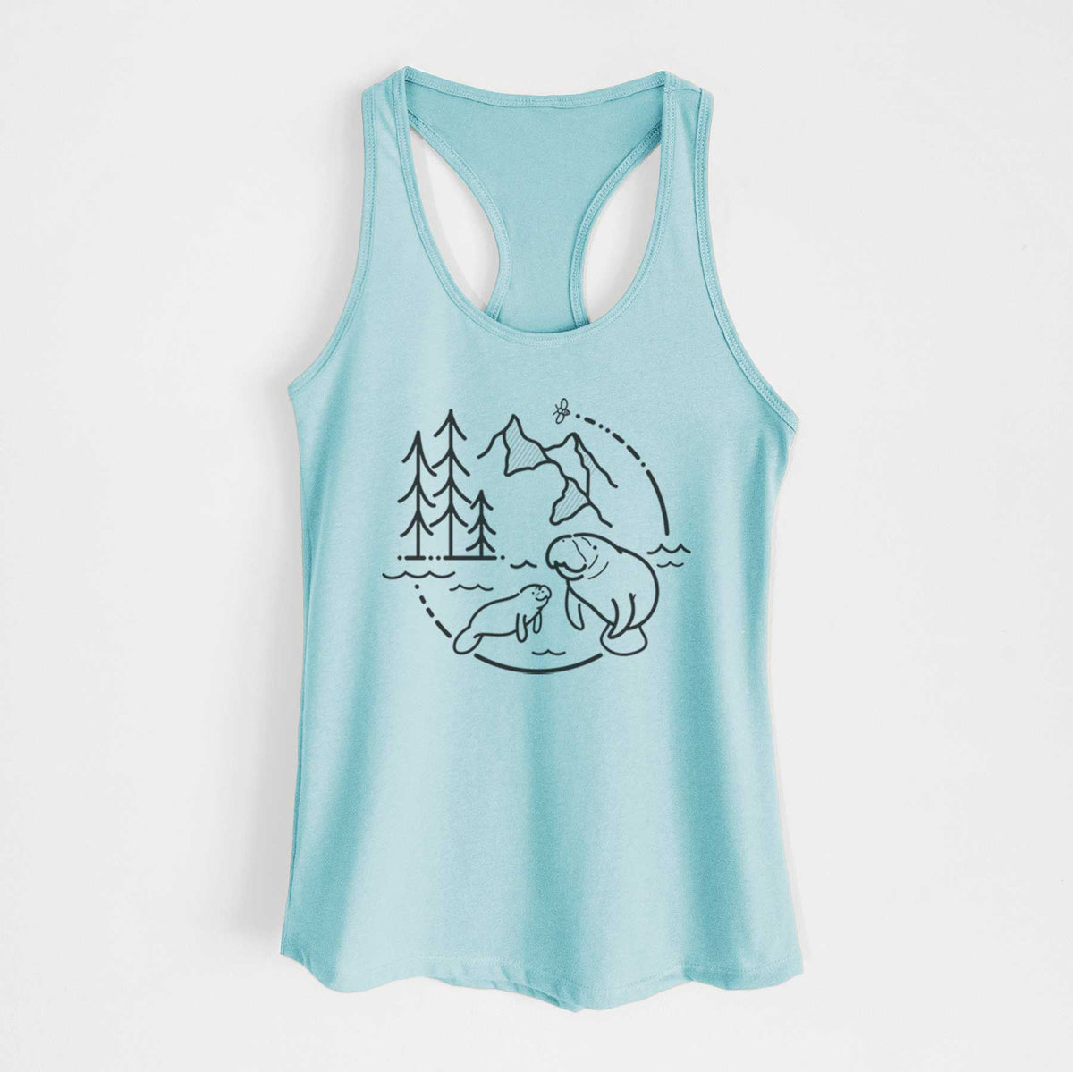 Cancun blue women's racerback tank top laid flat, printed with a black line art circle connecting pine trees, mountains, a bee and two manatees swimming in water.