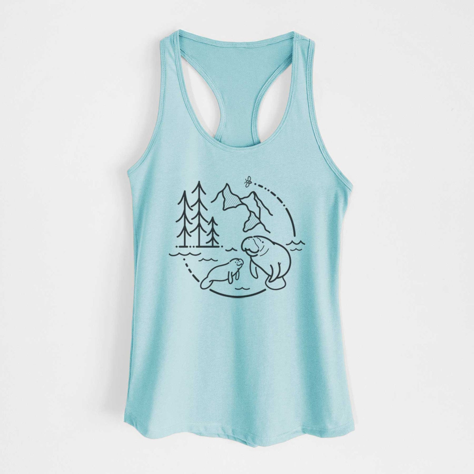 Banana cream women's racerback tank top laid flat, printed with a black line art circle connecting pine trees, mountains, a bee and two manatees swimming in water.