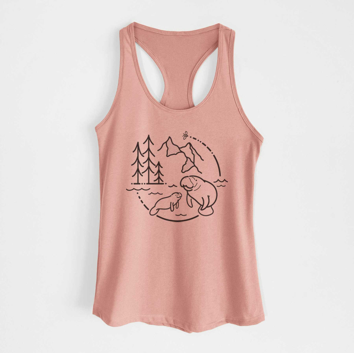 Desert pink women's racerback tank top laid flat, printed with a black line art circle connecting pine trees, mountains, a bee and two manatees swimming in water.