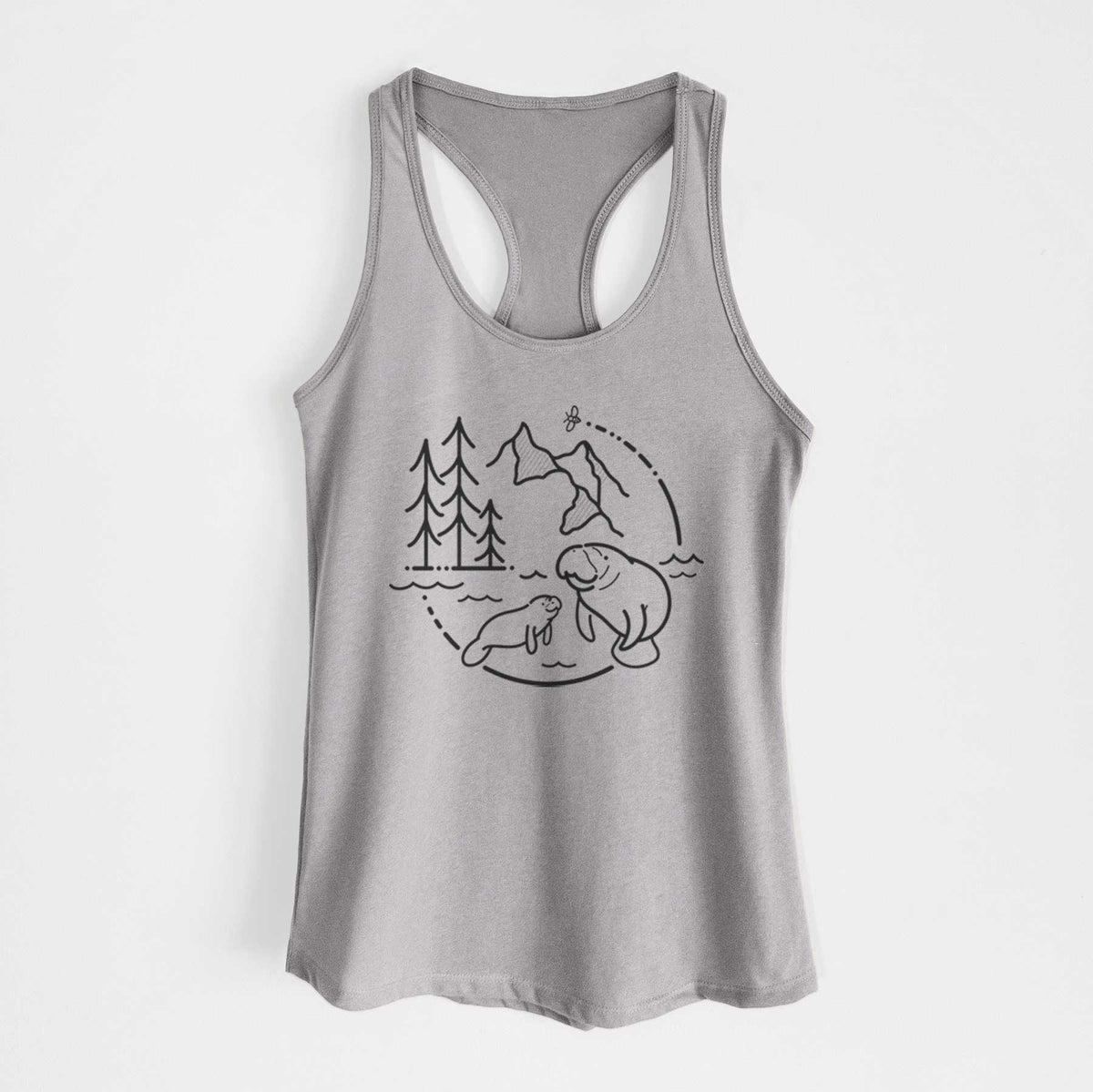Heather grey women's racerback tank top laid flat, printed with a black line art circle connecting pine trees, mountains, a bee and two manatees swimming in water.