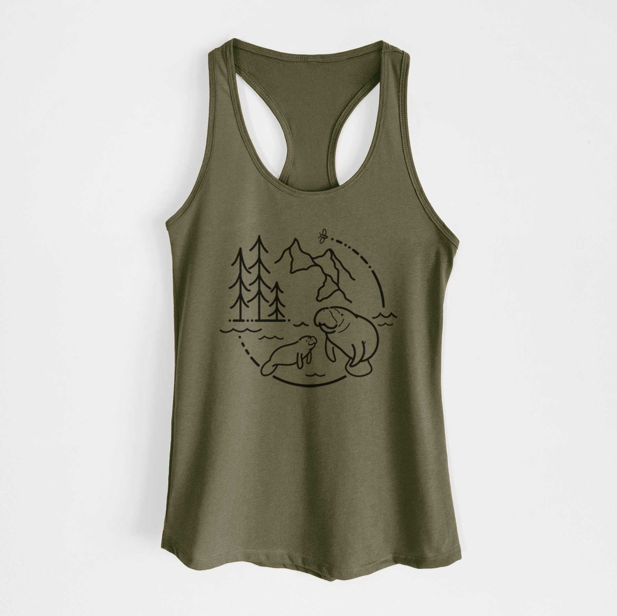 Military green women's racerback tank top laid flat, printed with a black line art circle connecting pine trees, mountains, a bee and two manatees swimming in water.