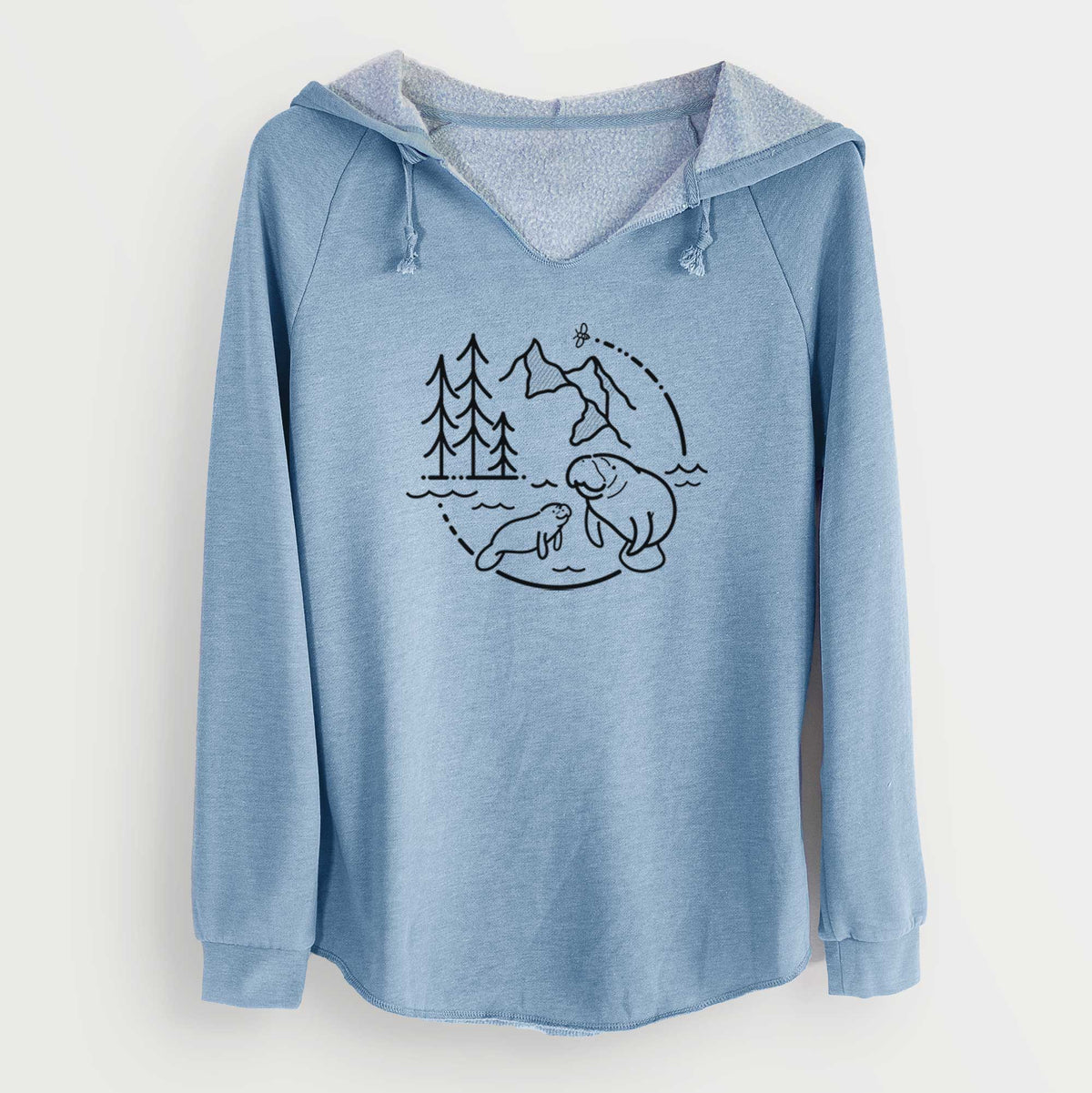 Misty blue women's Cali Wave hooded sweatshirt laid flat, printed with a black line art circle connecting pine trees, mountains, a bee and two manatees swimming in water.