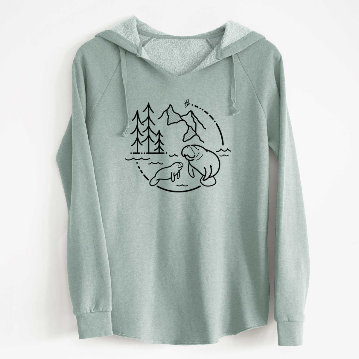 Sage green women's Cali Wave hooded sweatshirt laid flat, printed with a black line art circle connecting pine trees, mountains, a bee and two manatees swimming in water.
