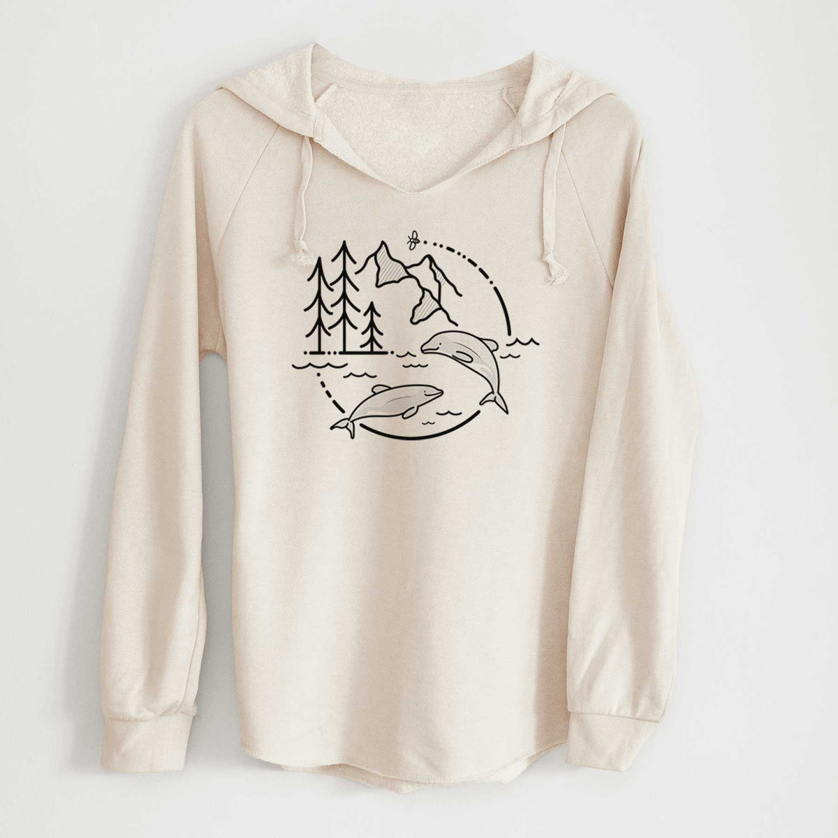 Bone cream women's Cali Wave hooded sweatshirt laid flat, printed with a black line art circle connecting pine trees, mountains, a bee and two Maui dolphins leaping from the waves.