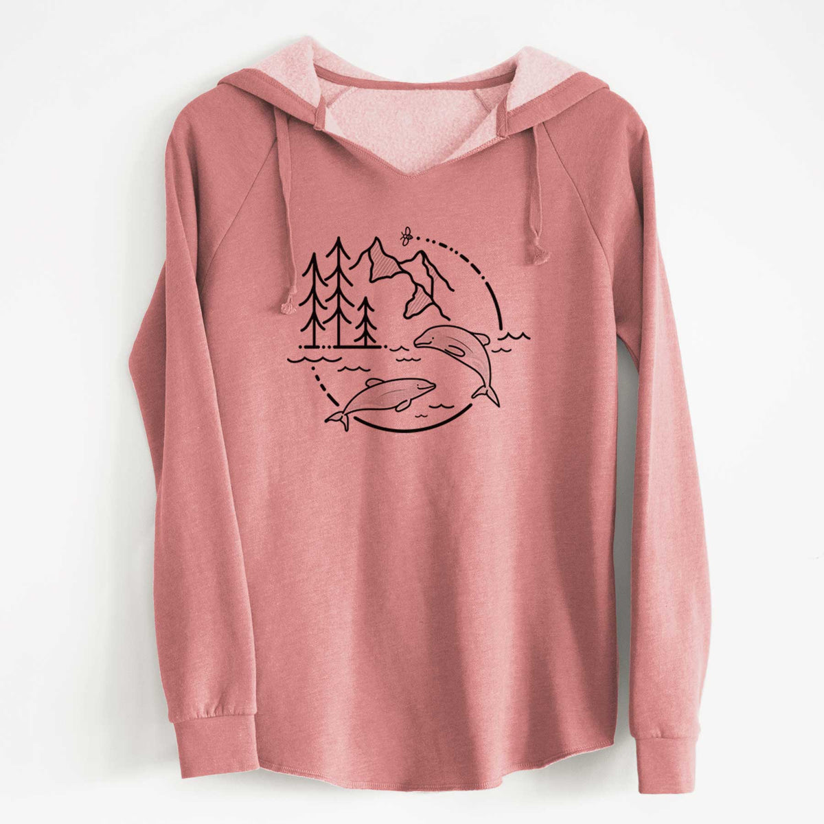 Dusty rose women's Cali Wave hooded sweatshirt laid flat, printed with a black line art circle connecting pine trees, mountains, a bee and two Maui dolphins leaping from the waves.