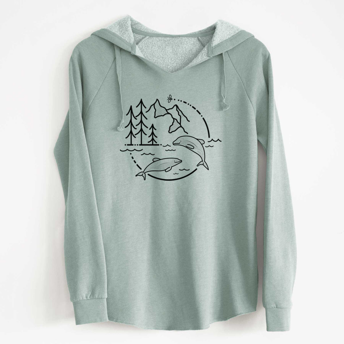Sage green women's Cali Wave hooded sweatshirt laid flat, printed with a black line art circle connecting pine trees, mountains, a bee and two Maui dolphins leaping from the waves.