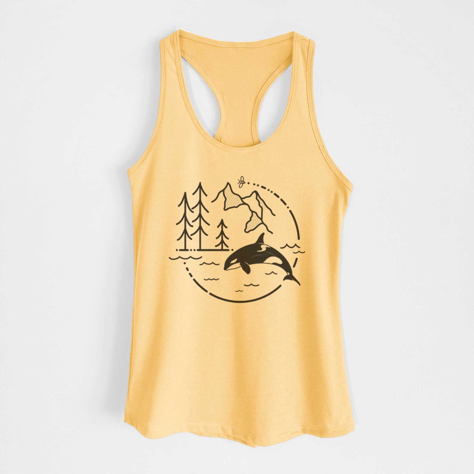 Banana cream women's racerback tank top laid flat, printed with a black line art circle connecting pine trees, mountains, a bee and an orca leaping from ocean waves.