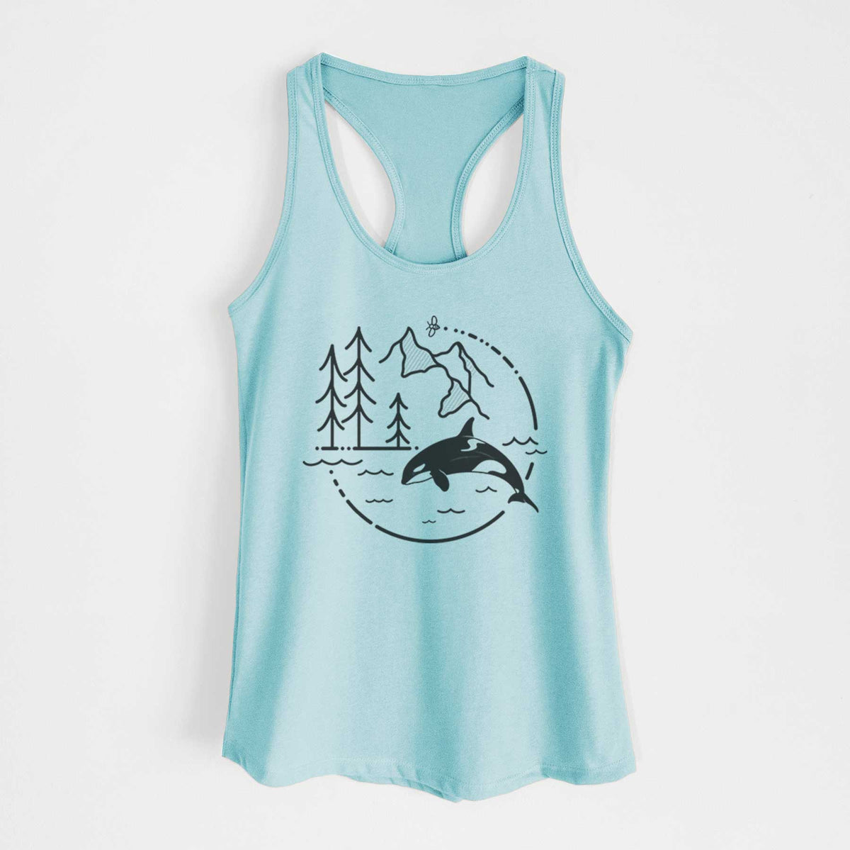 Cancun blue women's racerback tank top laid flat, printed with a black line art circle connecting pine trees, mountains, a bee and an orca leaping from ocean waves.