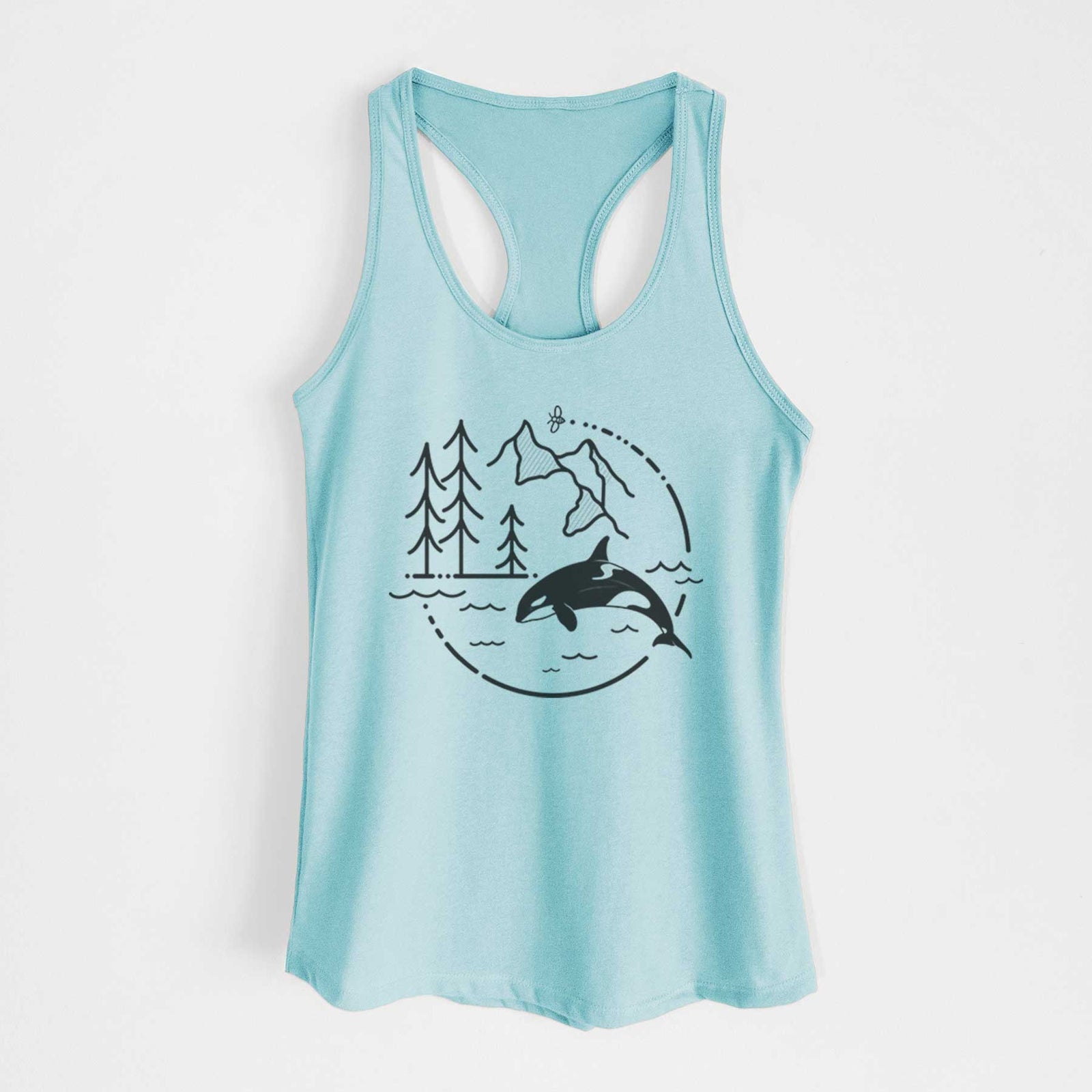Banana cream women's racerback tank top laid flat, printed with a black line art circle connecting pine trees, mountains, a bee and an orca leaping from ocean waves.