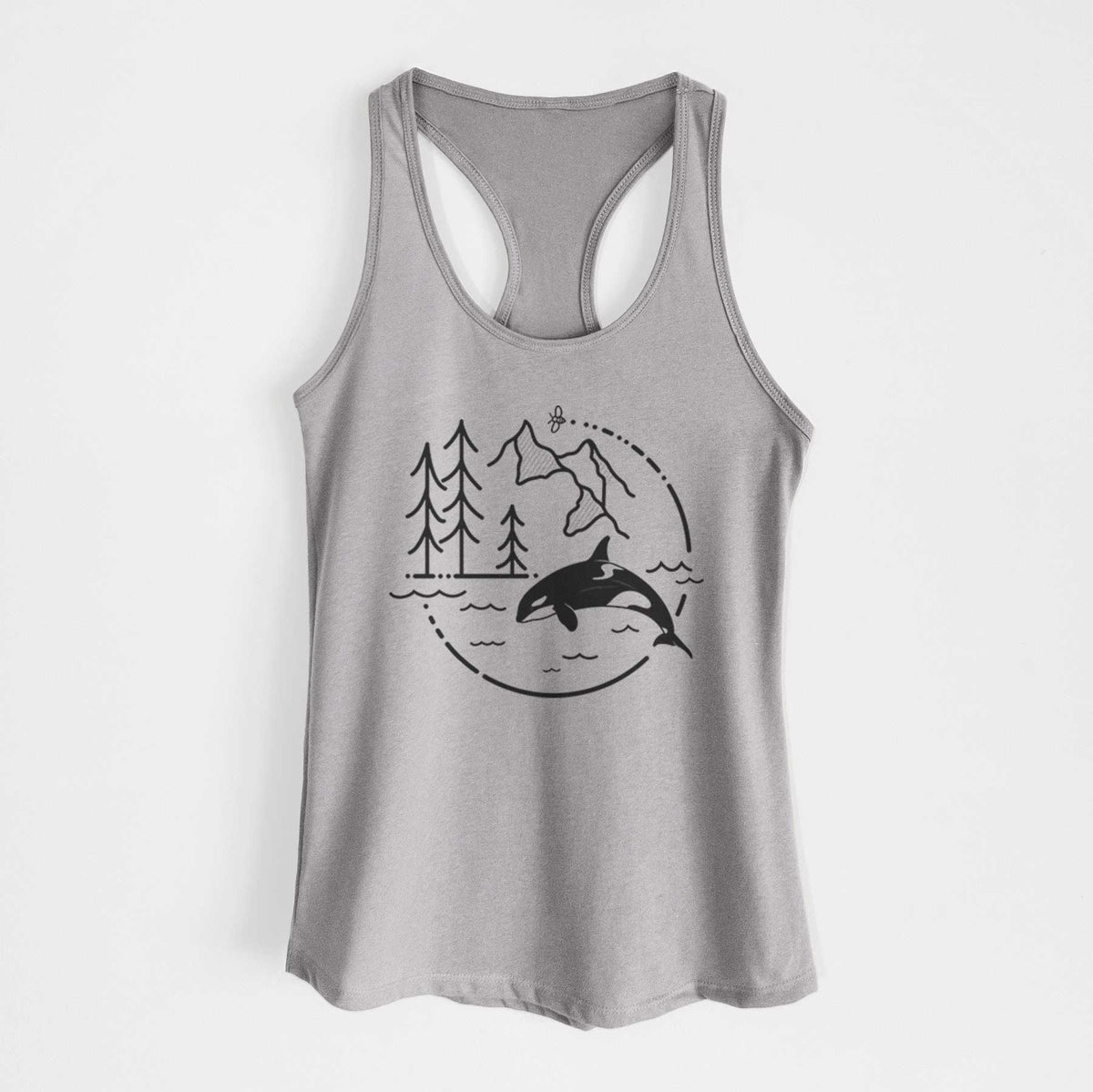 Heather grey women's racerback tank top laid flat, printed with a black line art circle connecting pine trees, mountains, a bee and an orca leaping from ocean waves.