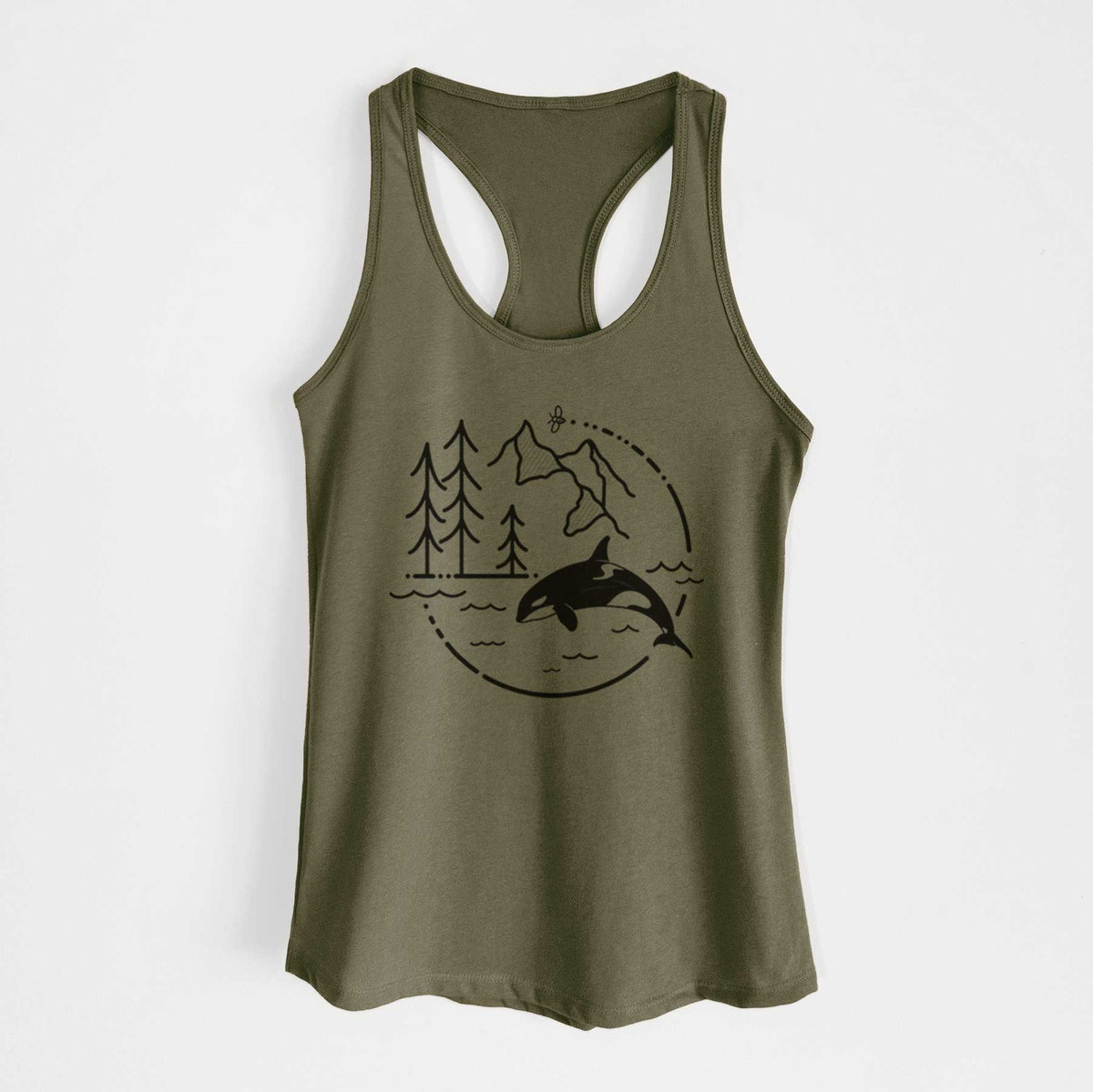 Military green women's racerback tank top laid flat, printed with a black line art circle connecting pine trees, mountains, a bee and an orca leaping from ocean waves.