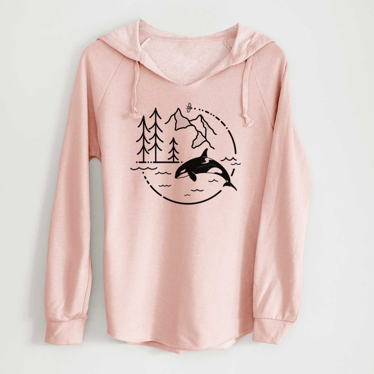 Blush pink women's Cali Wave hooded sweatshirt laid flat, printed with a black line art circle connecting pine trees, mountains, a bee and an orca leaping from ocean waves.
