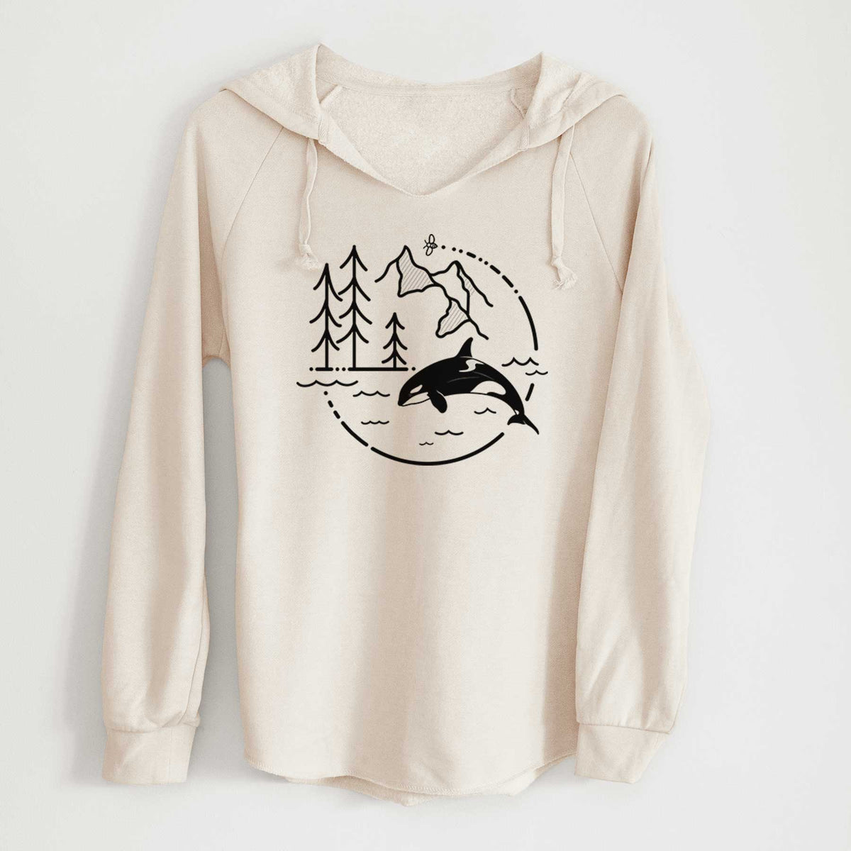 Bone cream women's Cali Wave hooded sweatshirt laid flat, printed with a black line art circle connecting pine trees, mountains, a bee and an orca leaping from ocean waves.