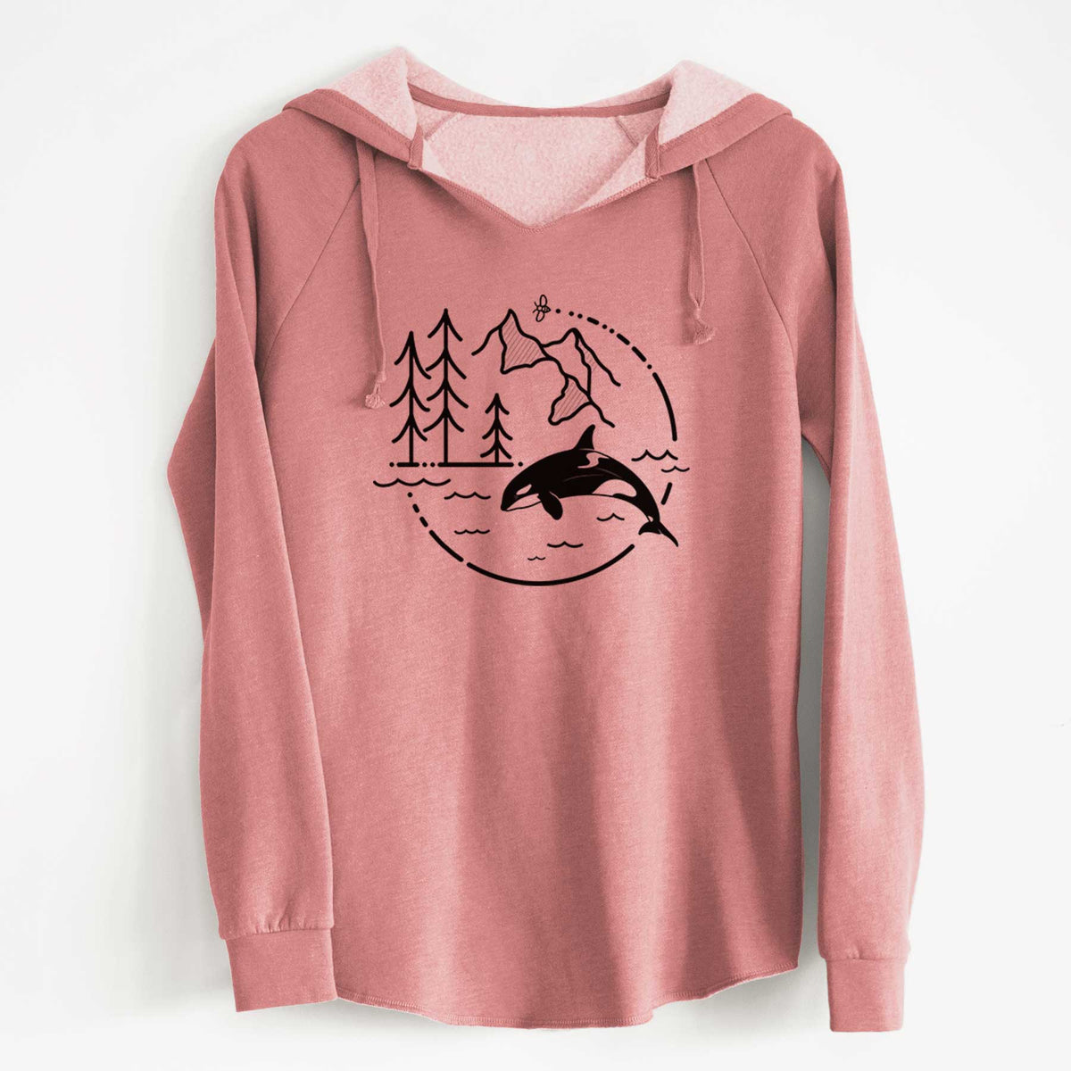 Dusty rose women's Cali Wave hooded sweatshirt laid flat, printed with a black line art circle connecting pine trees, mountains, a bee and an orca leaping from ocean waves.