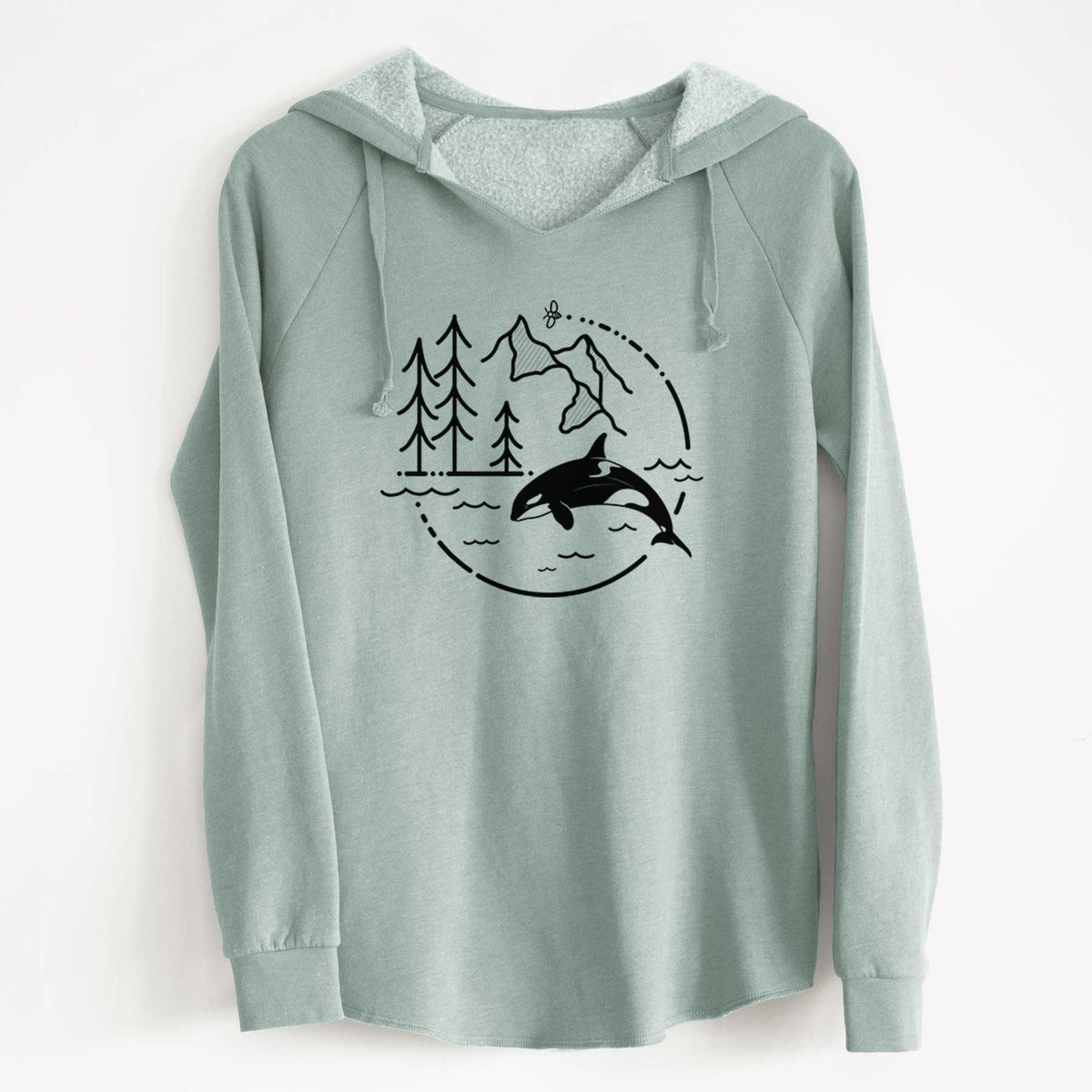 Sage green women's Cali Wave hooded sweatshirt laid flat, printed with a black line art circle connecting pine trees, mountains, a bee and an orca leaping from ocean waves.