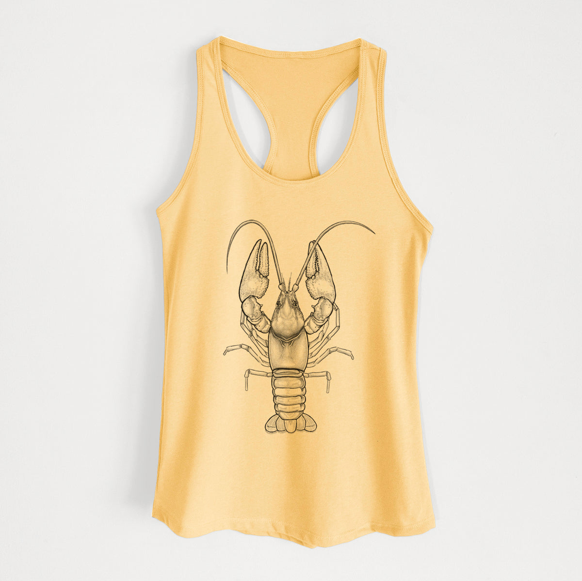 Banana cream women's racerback tank top laid flat, printed with a detailed black ink illustration of a crayfish with its claws raised, seen from above.