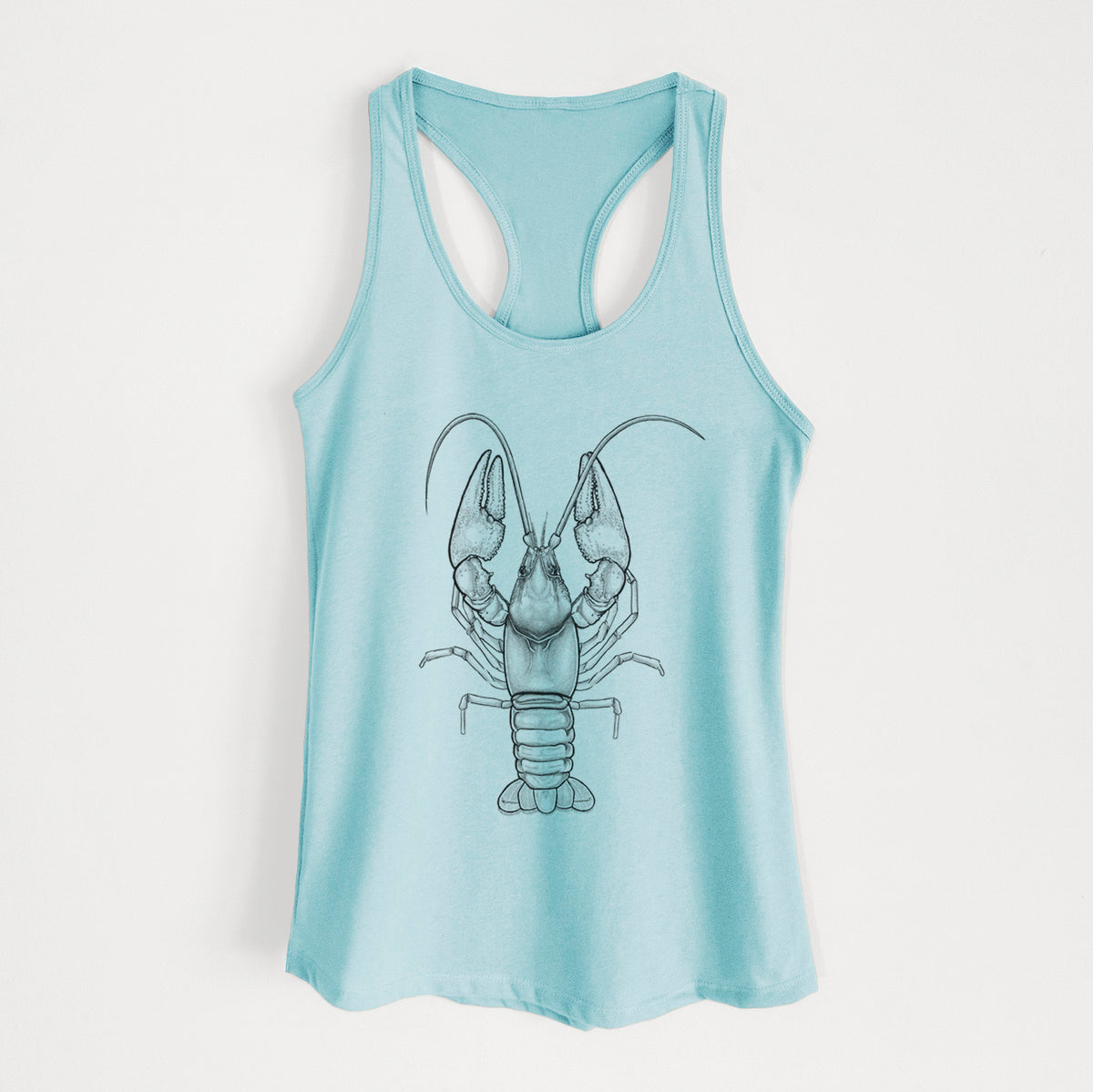 Cancun blue women's racerback tank top laid flat, printed with a detailed black ink illustration of a crayfish with its claws raised, seen from above.