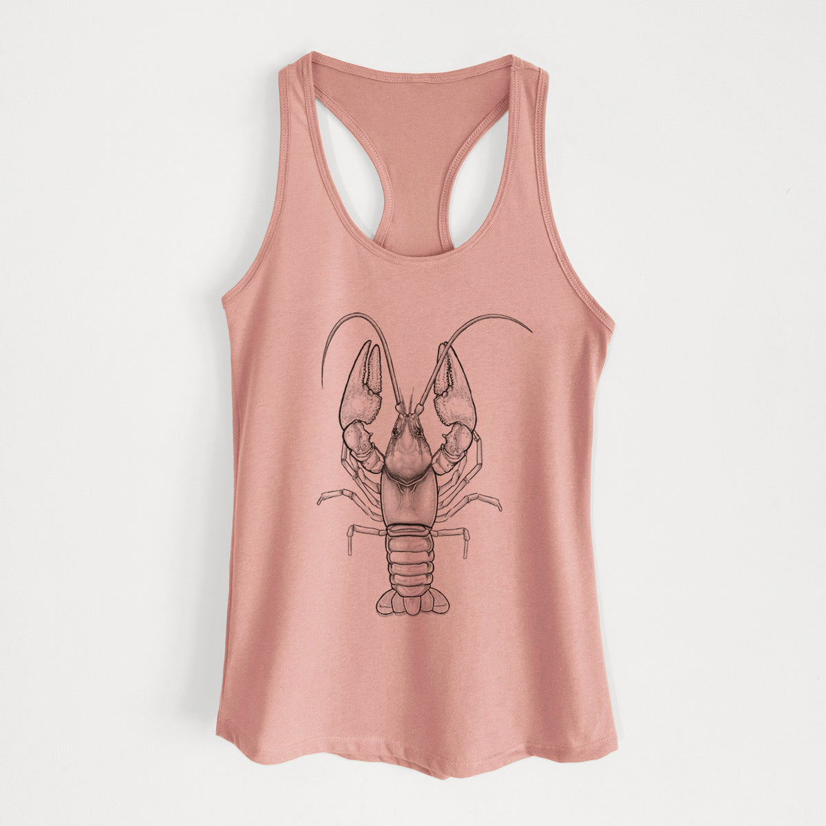 Desert pink women's racerback tank top laid flat, printed with a detailed black ink illustration of a crayfish with its claws raised, seen from above.