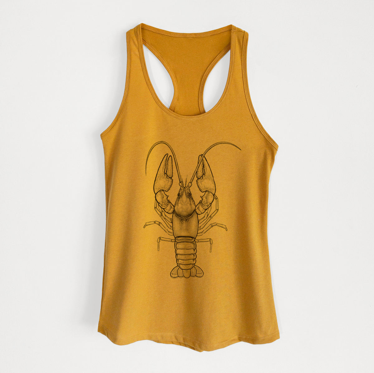 Gold women's racerback tank top laid flat, printed with a detailed black ink illustration of a crayfish with its claws raised, seen from above.