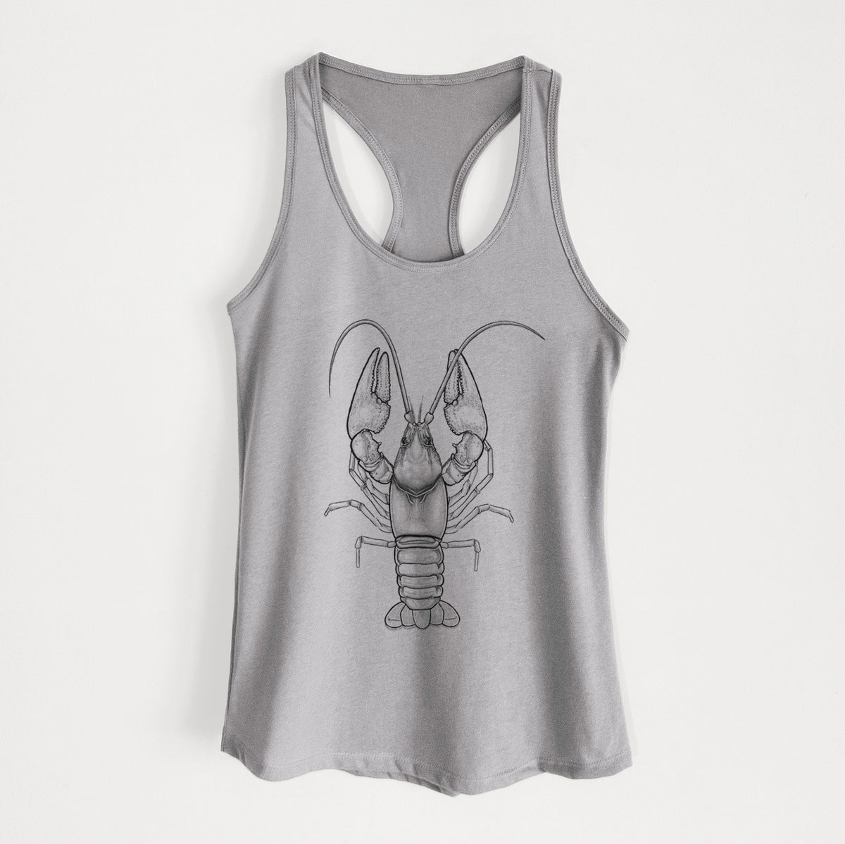 Heather grey women's racerback tank top laid flat, printed with a detailed black ink illustration of a crayfish with its claws raised, seen from above.