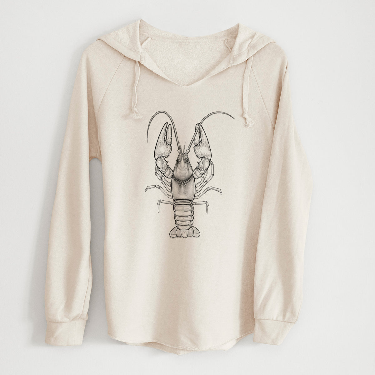 Bone cream women's Cali Wave hooded sweatshirt laid flat, printed with a detailed black ink illustration of a crayfish with its claws raised, seen from above.