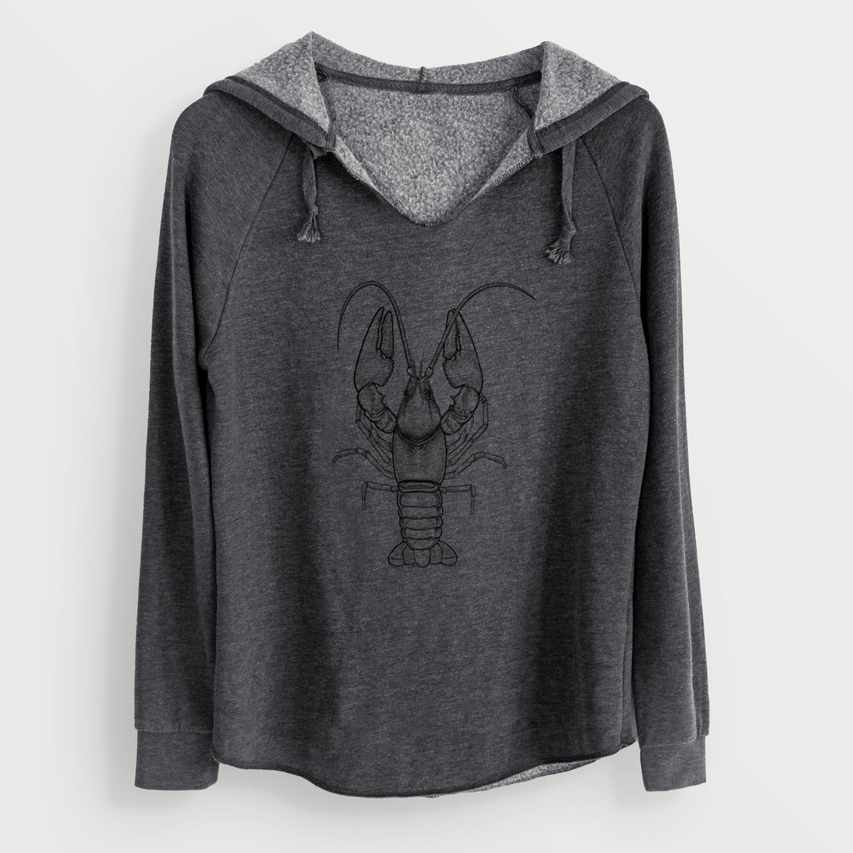 Charcoal grey women's Cali Wave hooded sweatshirt laid flat, printed with a detailed black ink illustration of a crayfish with its claws raised, seen from above.