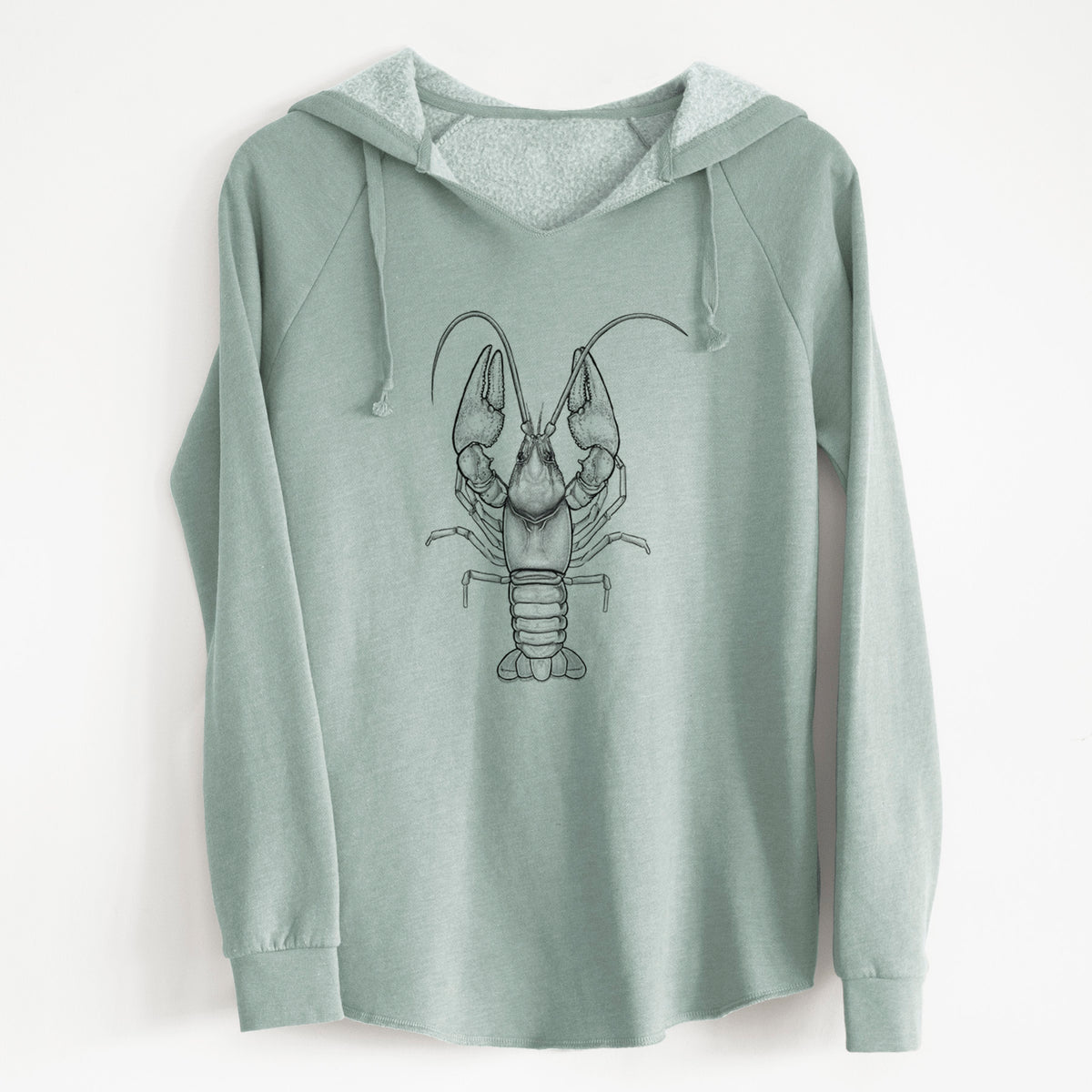 Sage green women's Cali Wave hooded sweatshirt laid flat, printed with a detailed black ink illustration of a crayfish with its claws raised, seen from above.
