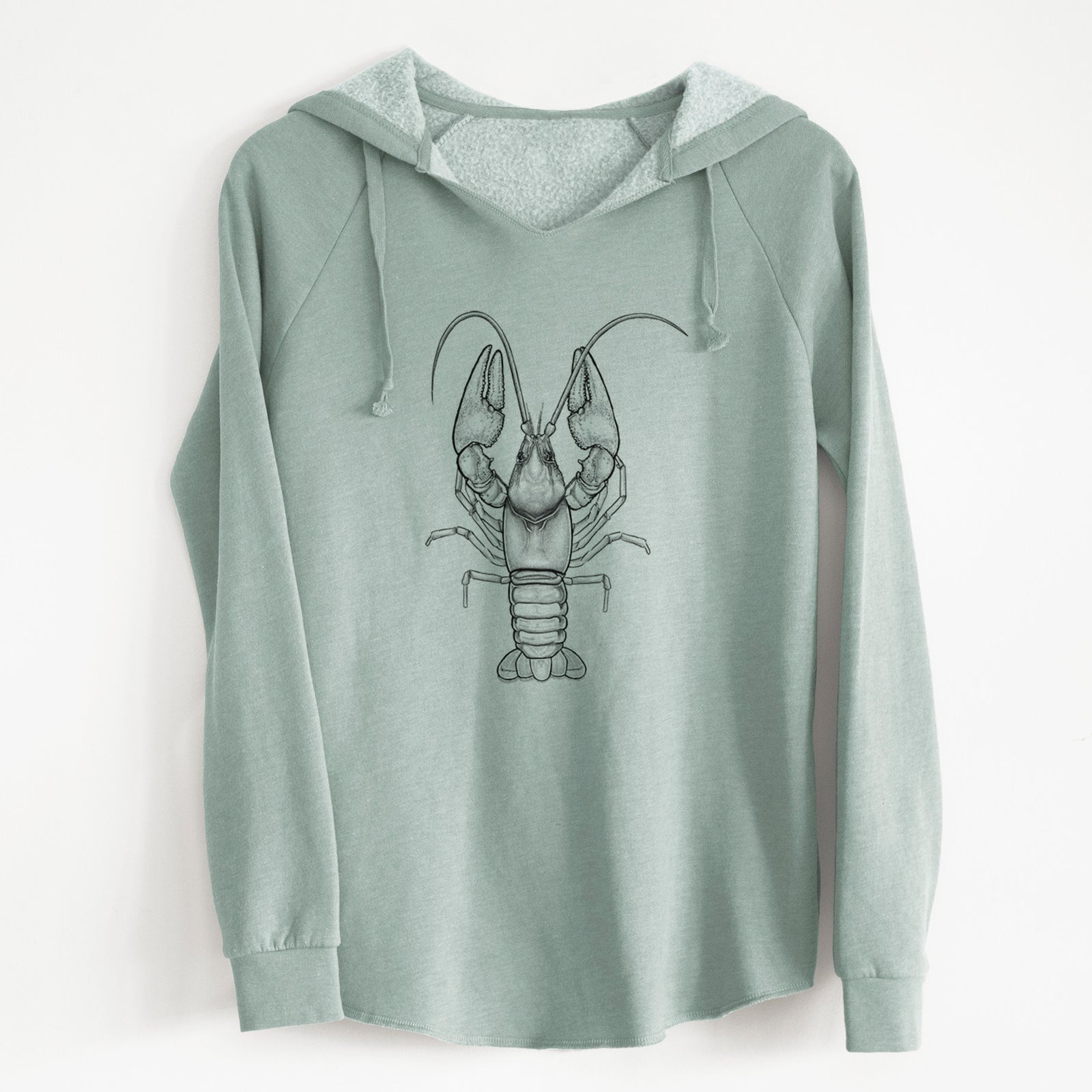 Sage green women's Cali Wave hooded sweatshirt laid flat, printed with a detailed black ink illustration of a crayfish with its claws raised, seen from above.