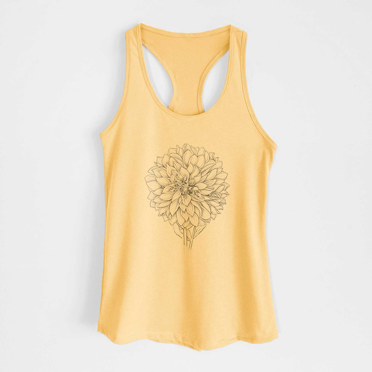 Banana cream women's racerback tank top laid flat, printed with a detailed black ink line drawing of a Cafe au Lait dahlia bloom.