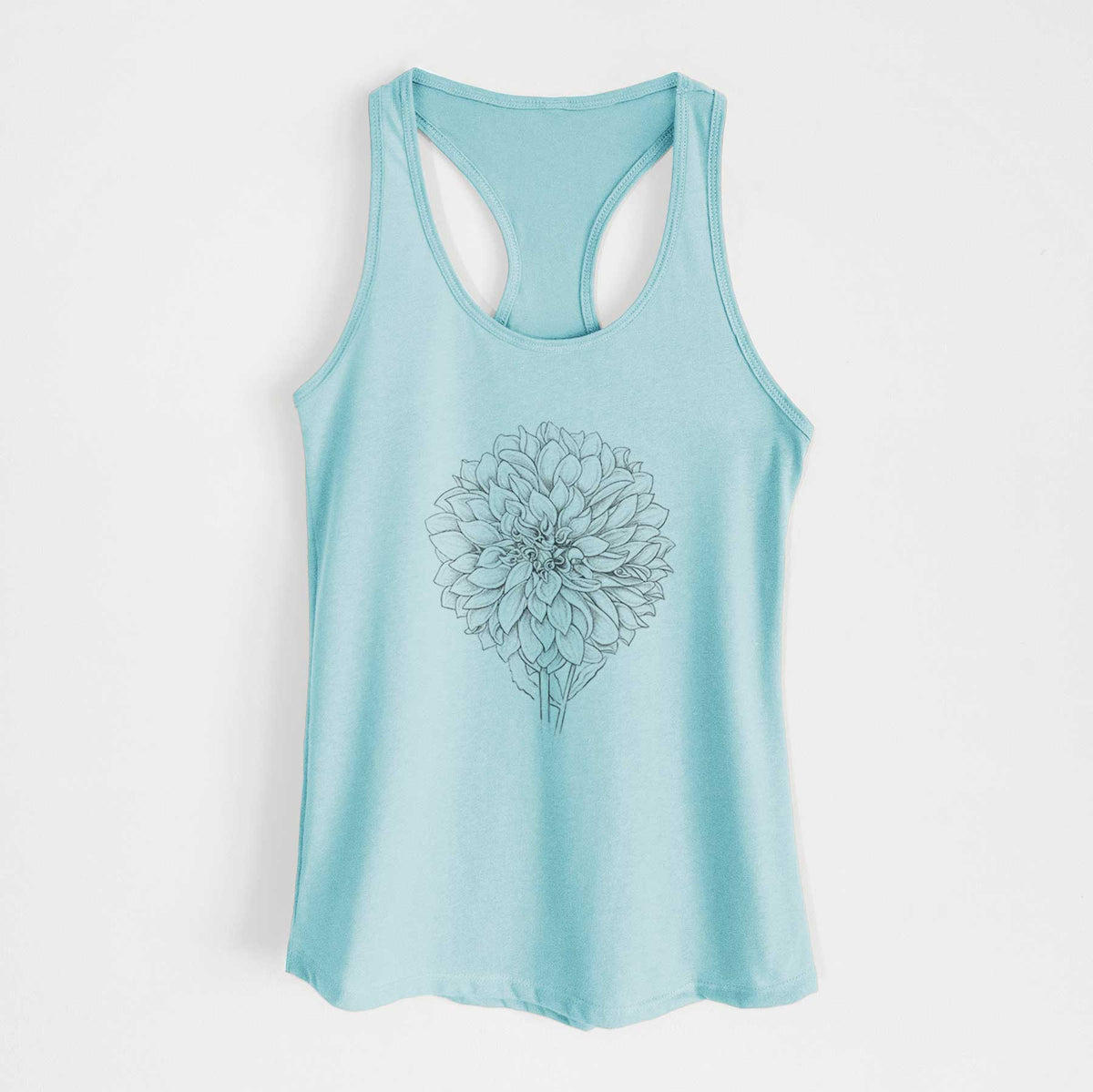 Cancun blue women's racerback tank top laid flat, printed with a detailed black ink line drawing of a Cafe au Lait dahlia bloom.