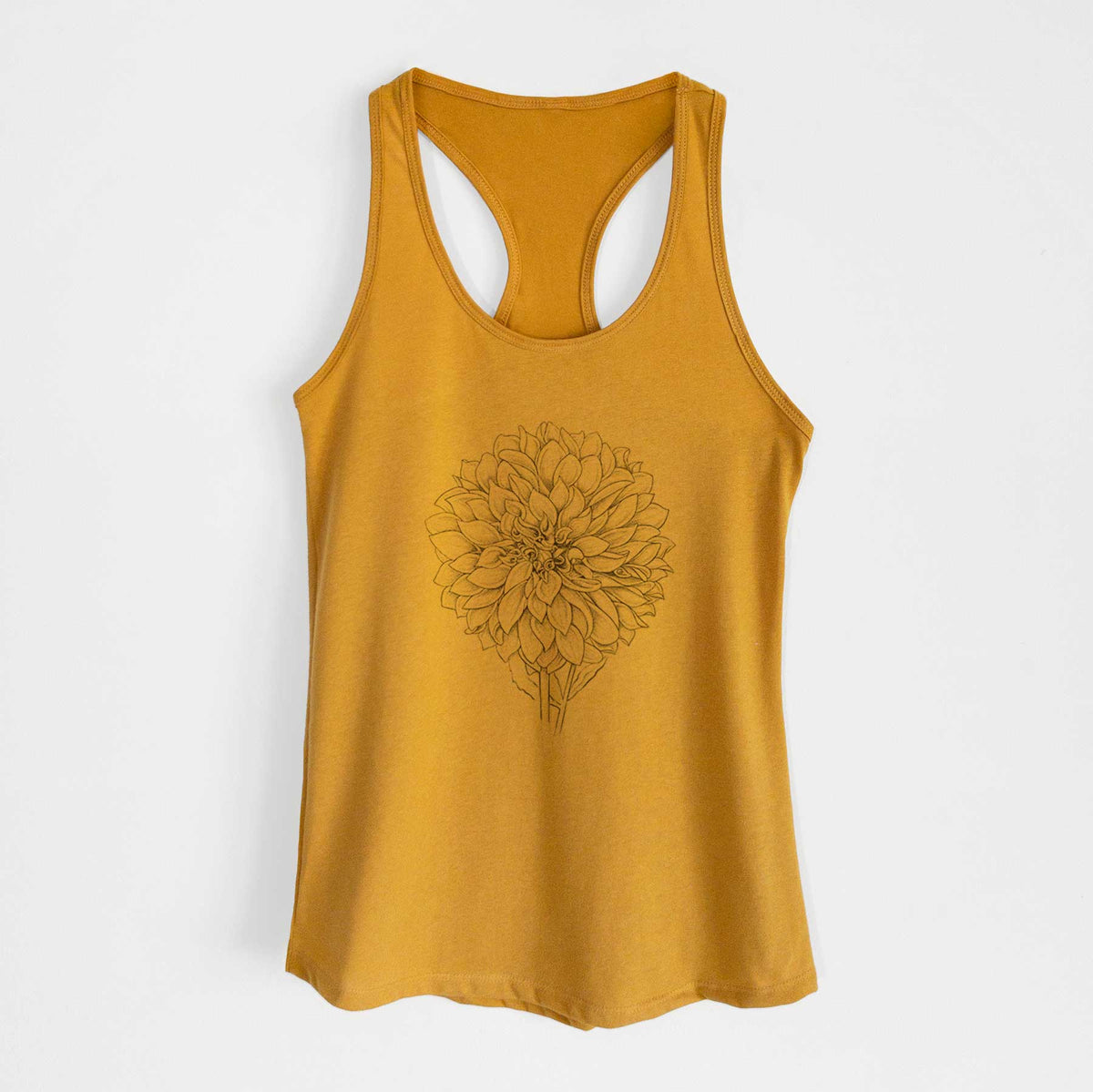 Gold women's racerback tank top laid flat, printed with a detailed black ink line drawing of a Cafe au Lait dahlia bloom.