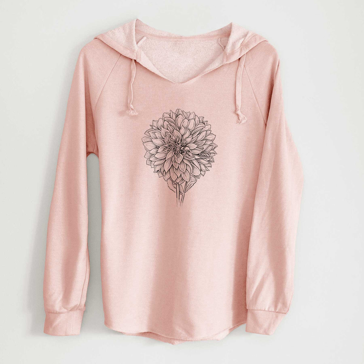 Blush pink women's Cali Wave hooded sweatshirt laid flat, printed with a detailed black ink line drawing of a Cafe au Lait dahlia bloom.