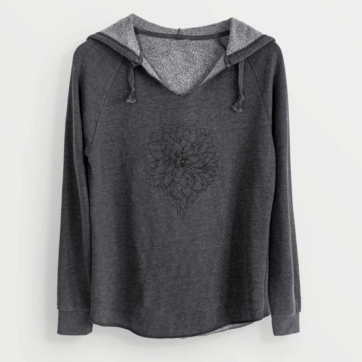 Charcoal grey women's Cali Wave hooded sweatshirt laid flat, printed with a detailed black ink line drawing of a Cafe au Lait dahlia bloom.