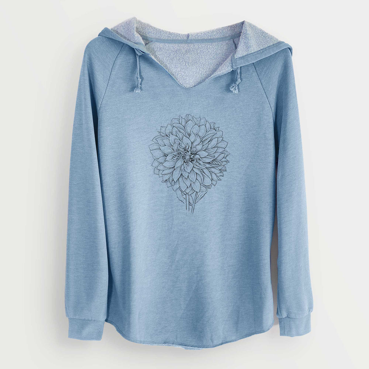 Misty blue women's Cali Wave hooded sweatshirt laid flat, printed with a detailed black ink line drawing of a Cafe au Lait dahlia bloom.