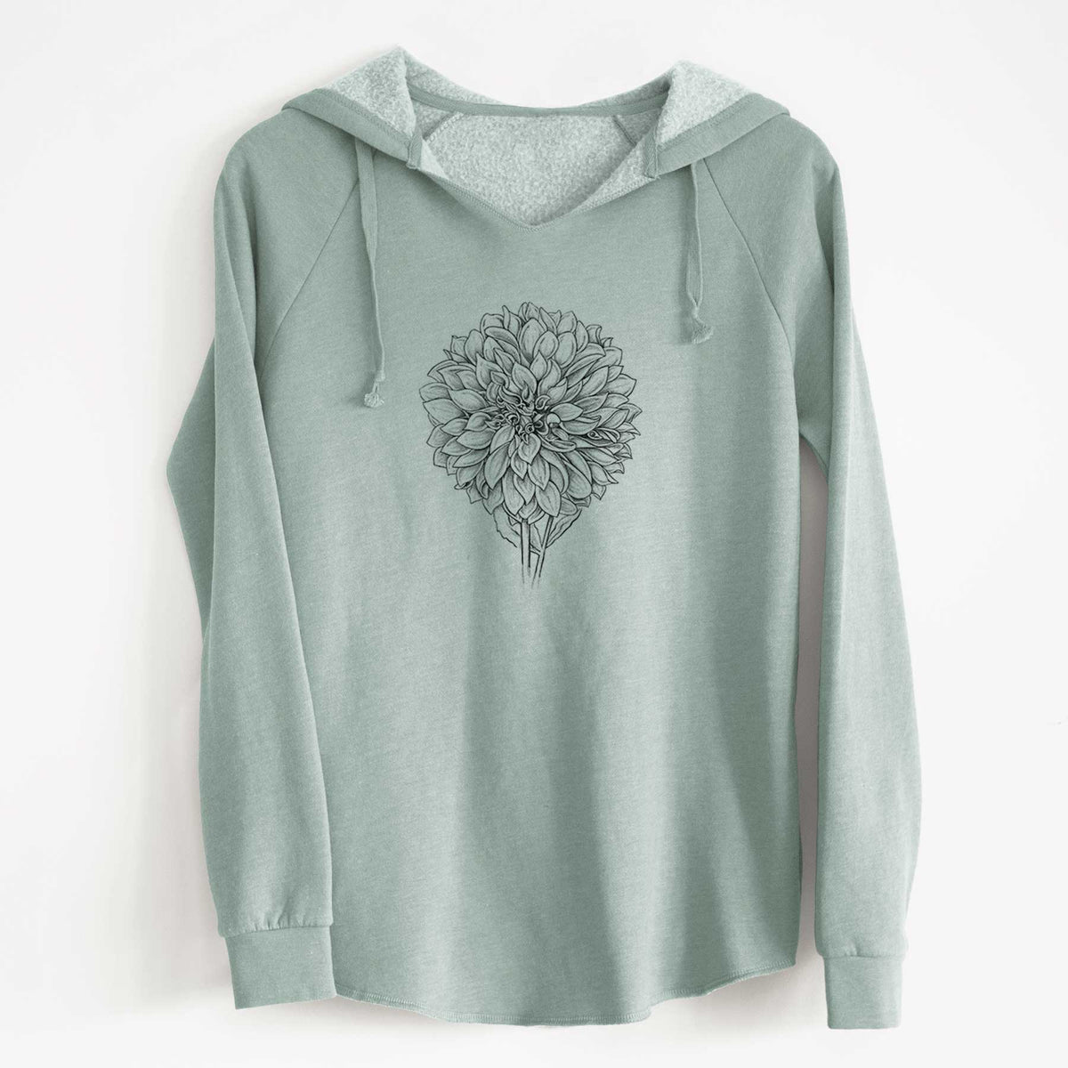 Sage green women's Cali Wave hooded sweatshirt laid flat, printed with a detailed black ink line drawing of a Cafe au Lait dahlia bloom.