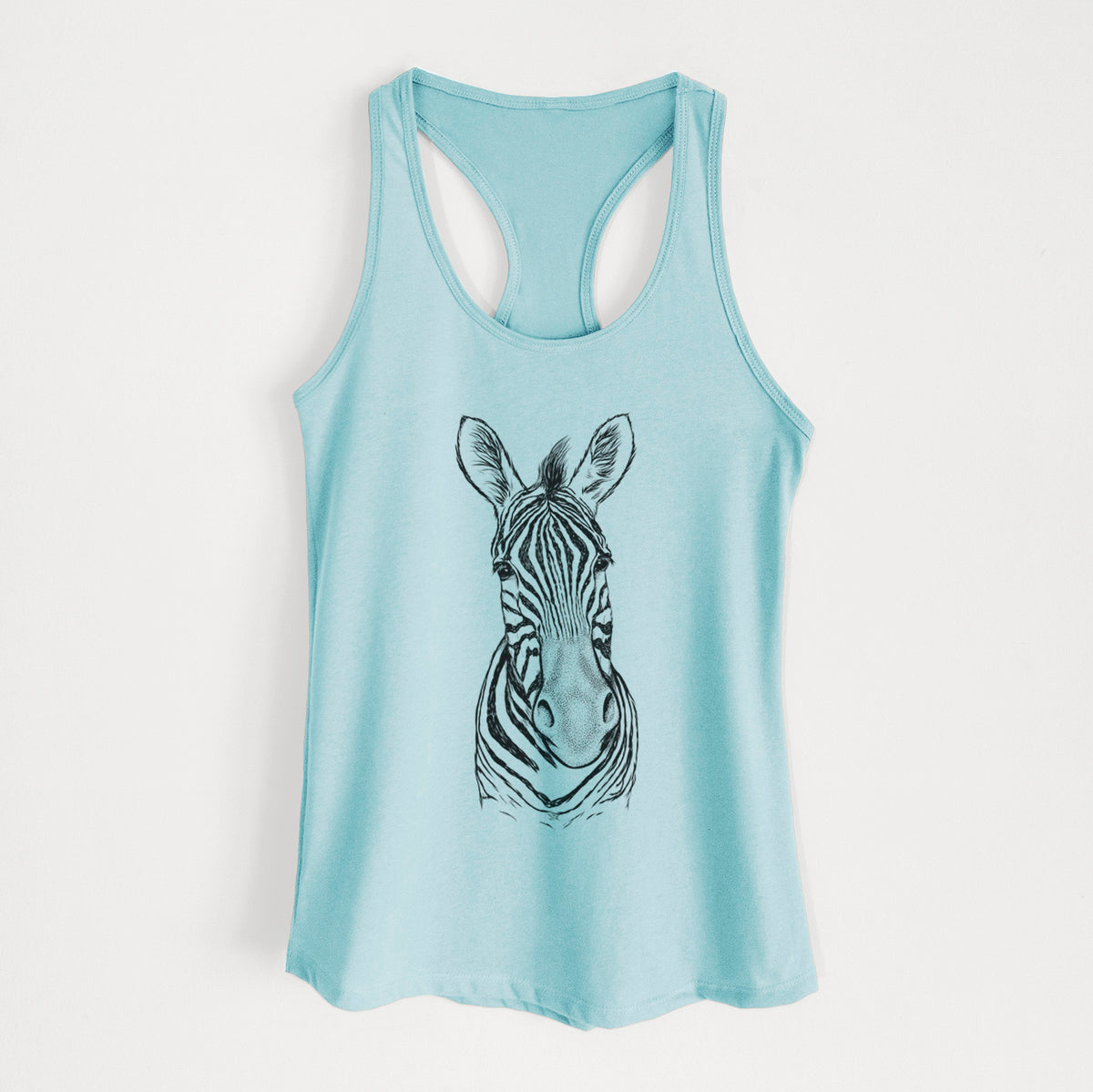 Cancun blue women's racerback tank top laid flat, printed with a detailed black ink portrait of a Damara zebra facing forward.