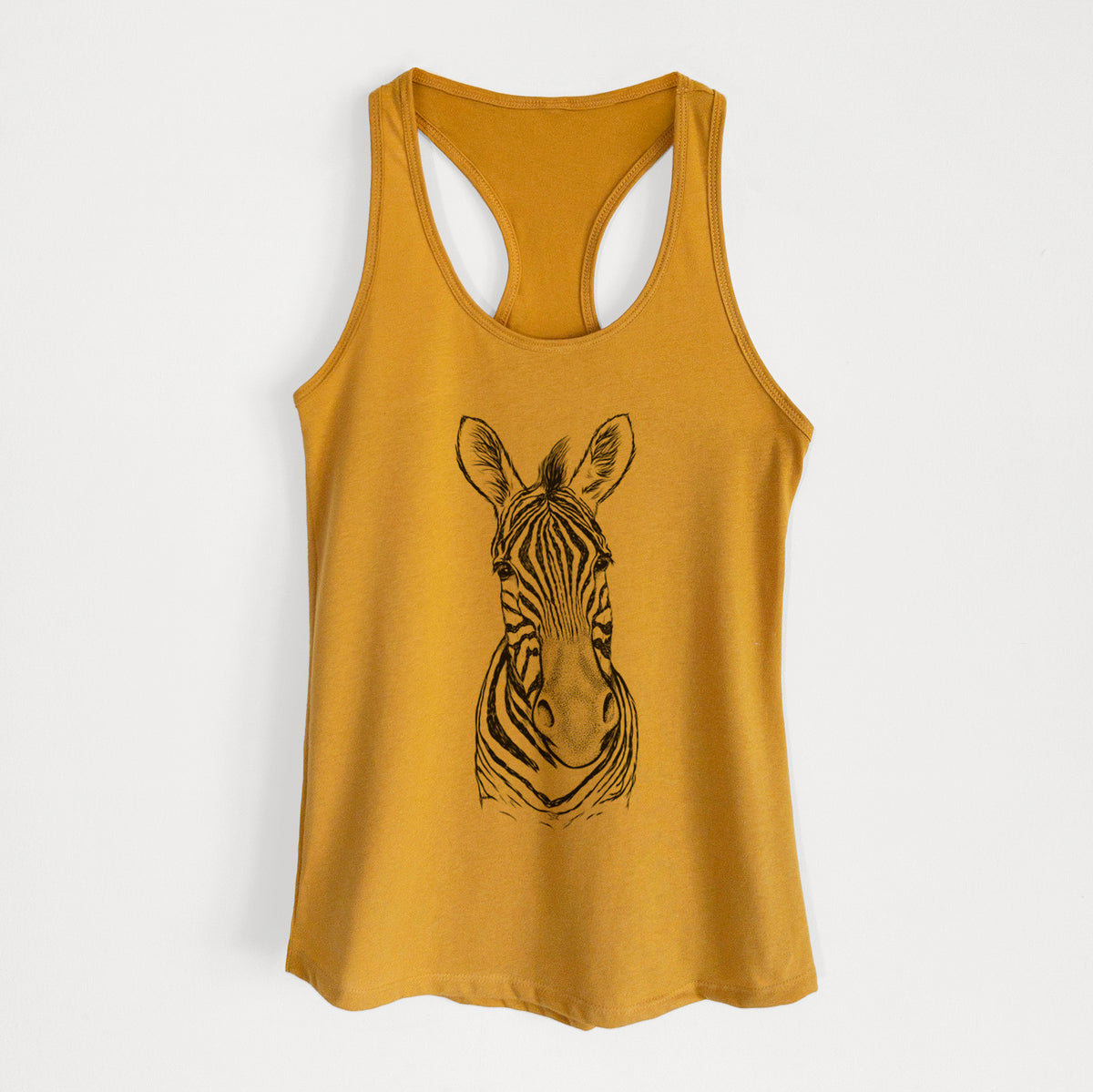 Gold women's racerback tank top laid flat, printed with a detailed black ink portrait of a Damara zebra facing forward.