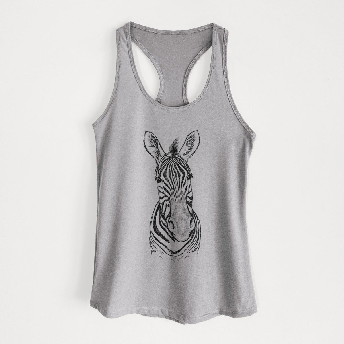 Heather grey women's racerback tank top laid flat, printed with a detailed black ink portrait of a Damara zebra facing forward.