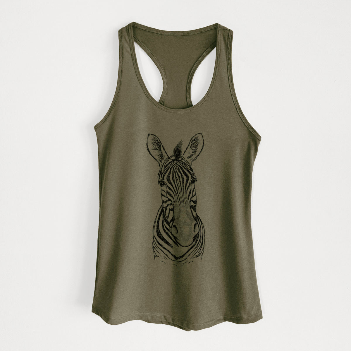Military green women's racerback tank top laid flat, printed with a detailed black ink portrait of a Damara zebra facing forward.