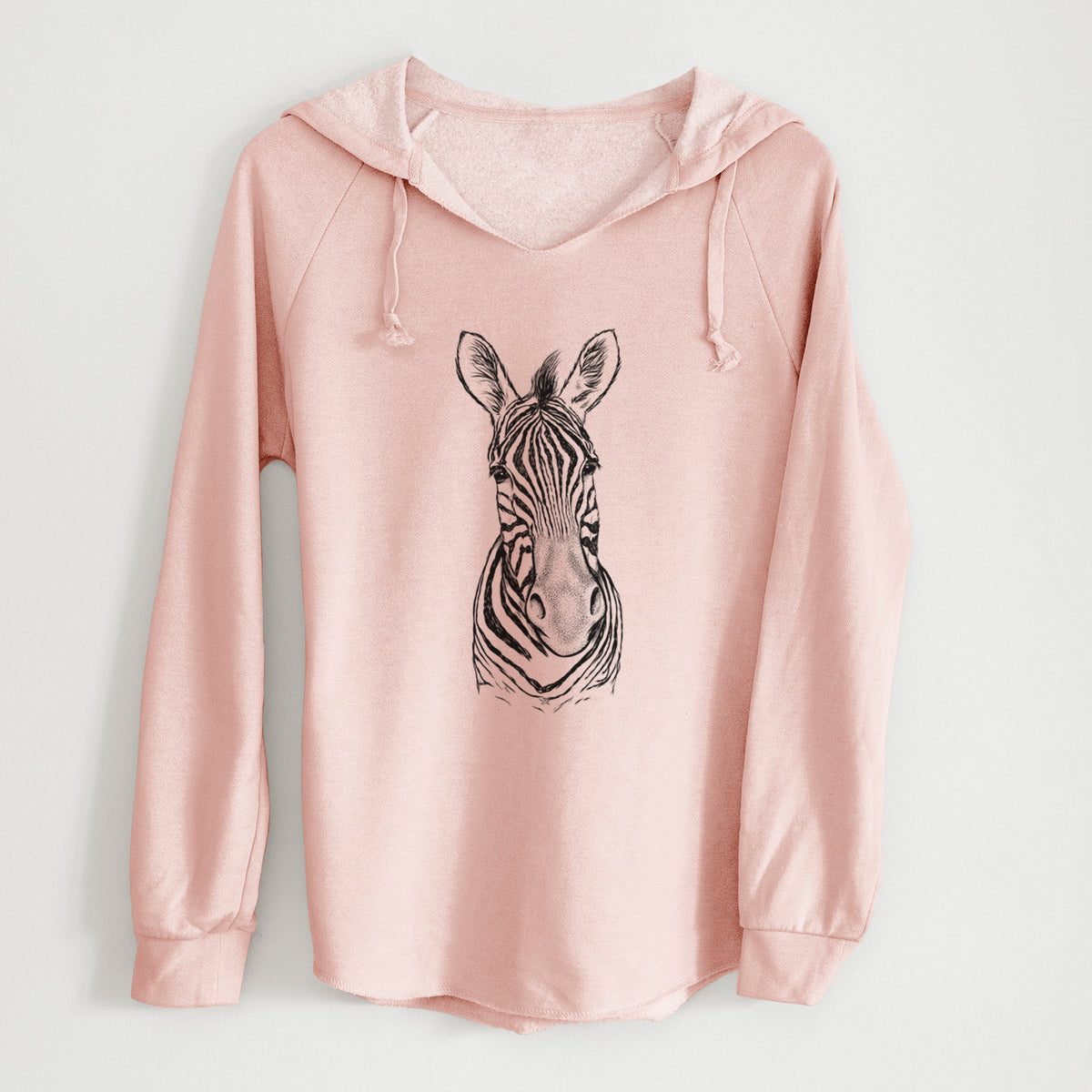 Blush pink women's Cali Wave hooded sweatshirt laid flat, printed with a detailed black ink portrait of a Damara zebra facing forward.