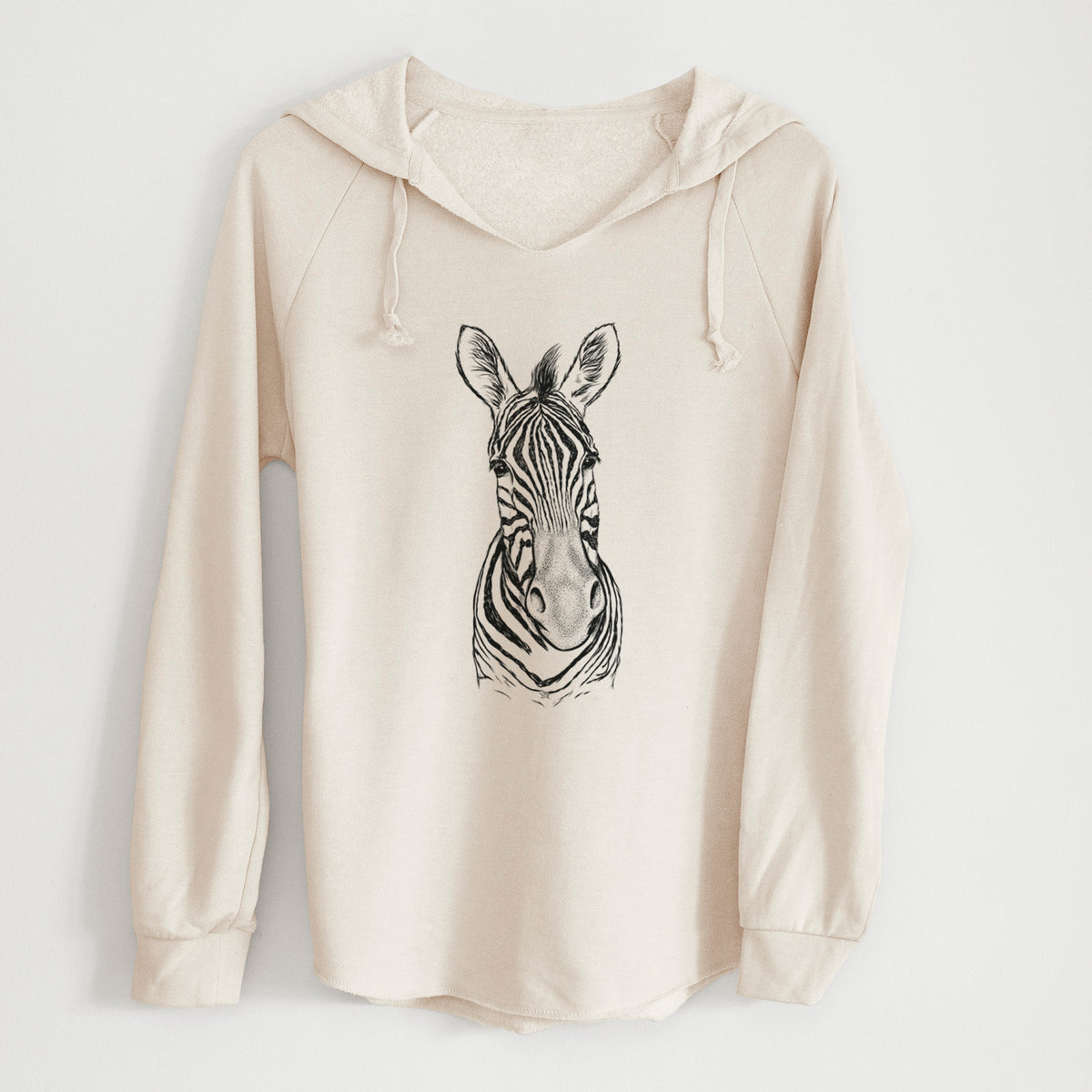 Bone cream women's Cali Wave hooded sweatshirt laid flat, printed with a detailed black ink portrait of a Damara zebra facing forward.