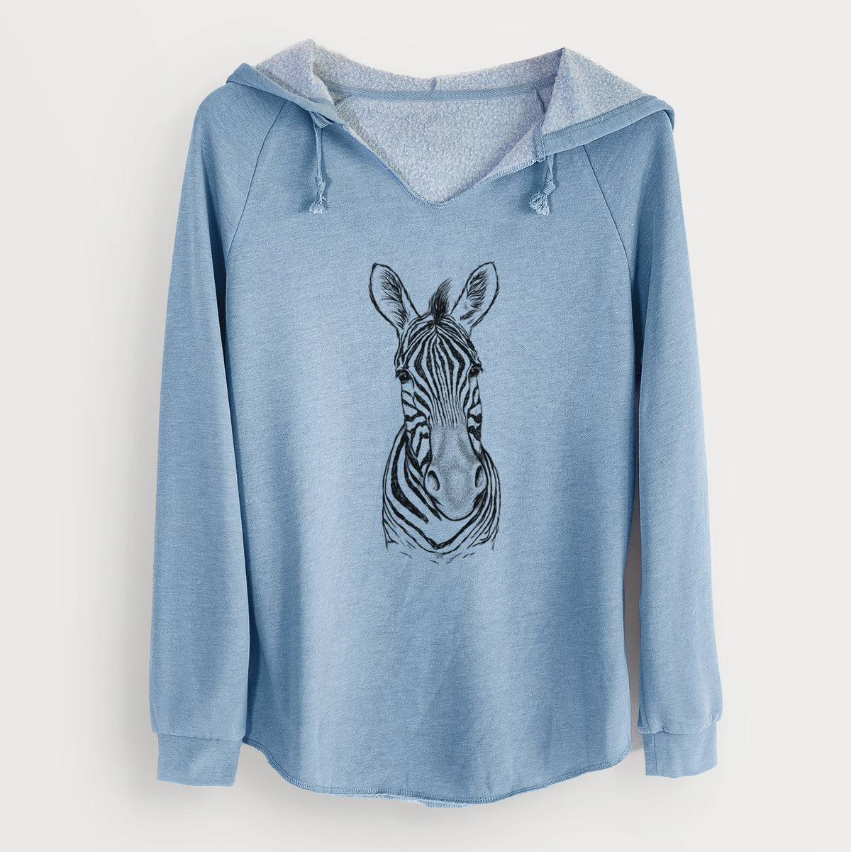 Misty blue women's Cali Wave hooded sweatshirt laid flat, printed with a detailed black ink portrait of a Damara zebra facing forward.