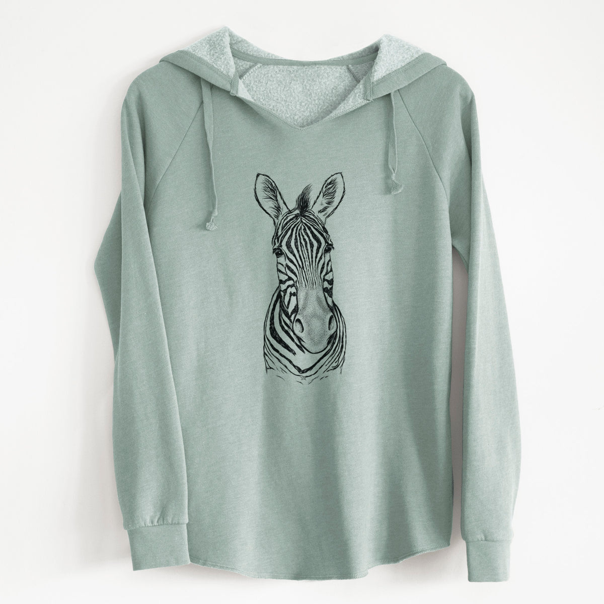 Sage green women's Cali Wave hooded sweatshirt laid flat, printed with a detailed black ink portrait of a Damara zebra facing forward.