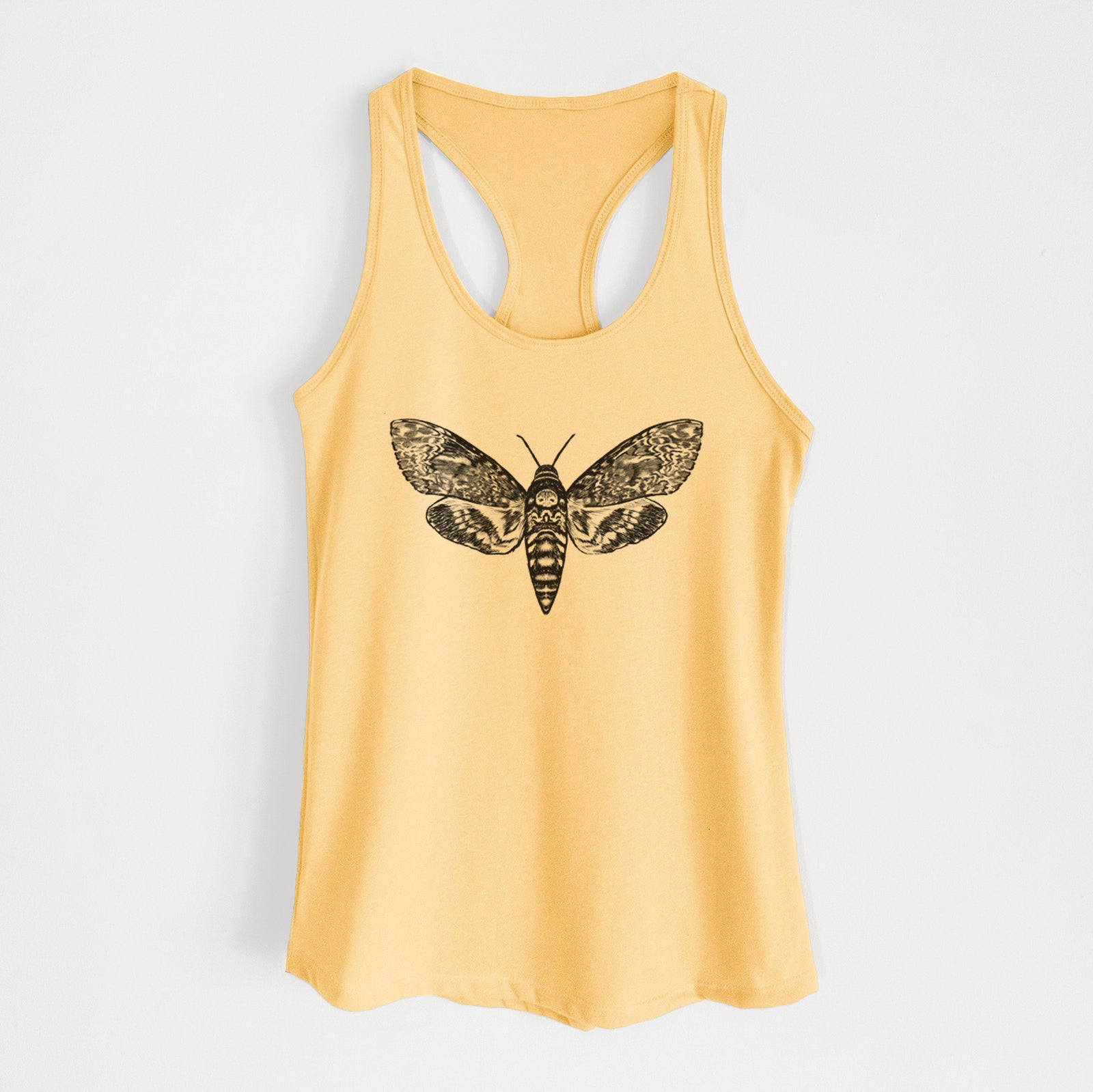 Banana cream women's racerback tank top laid flat, printed with a detailed black ink illustration of a death's-head hawkmoth with its wings spread.