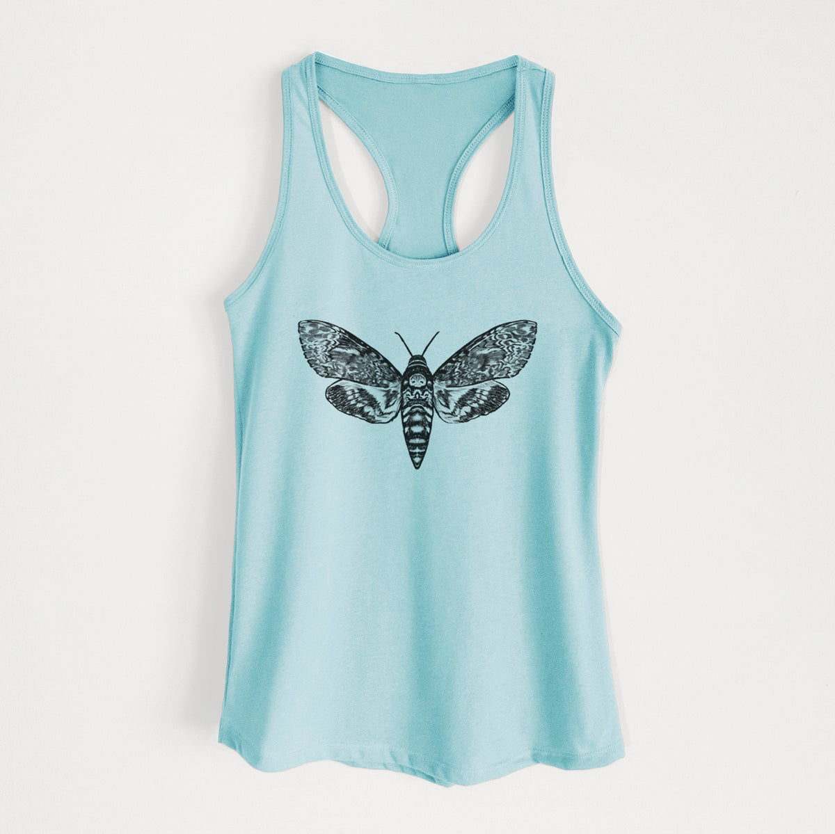 Cancun blue women's racerback tank top laid flat, printed with a detailed black ink illustration of a death's-head hawkmoth with its wings spread.
