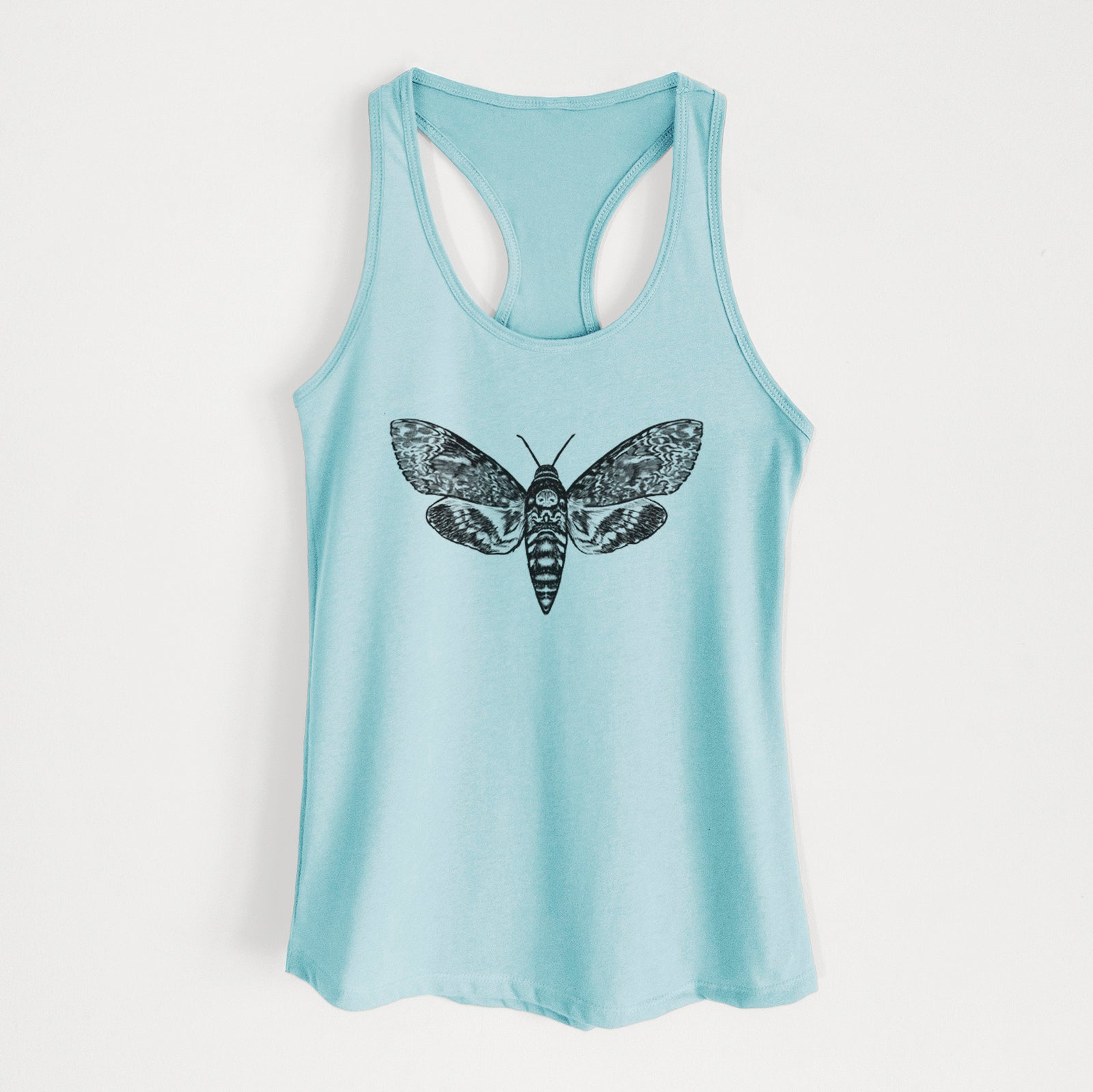 Banana cream women's racerback tank top laid flat, printed with a detailed black ink illustration of a death's-head hawkmoth with its wings spread.