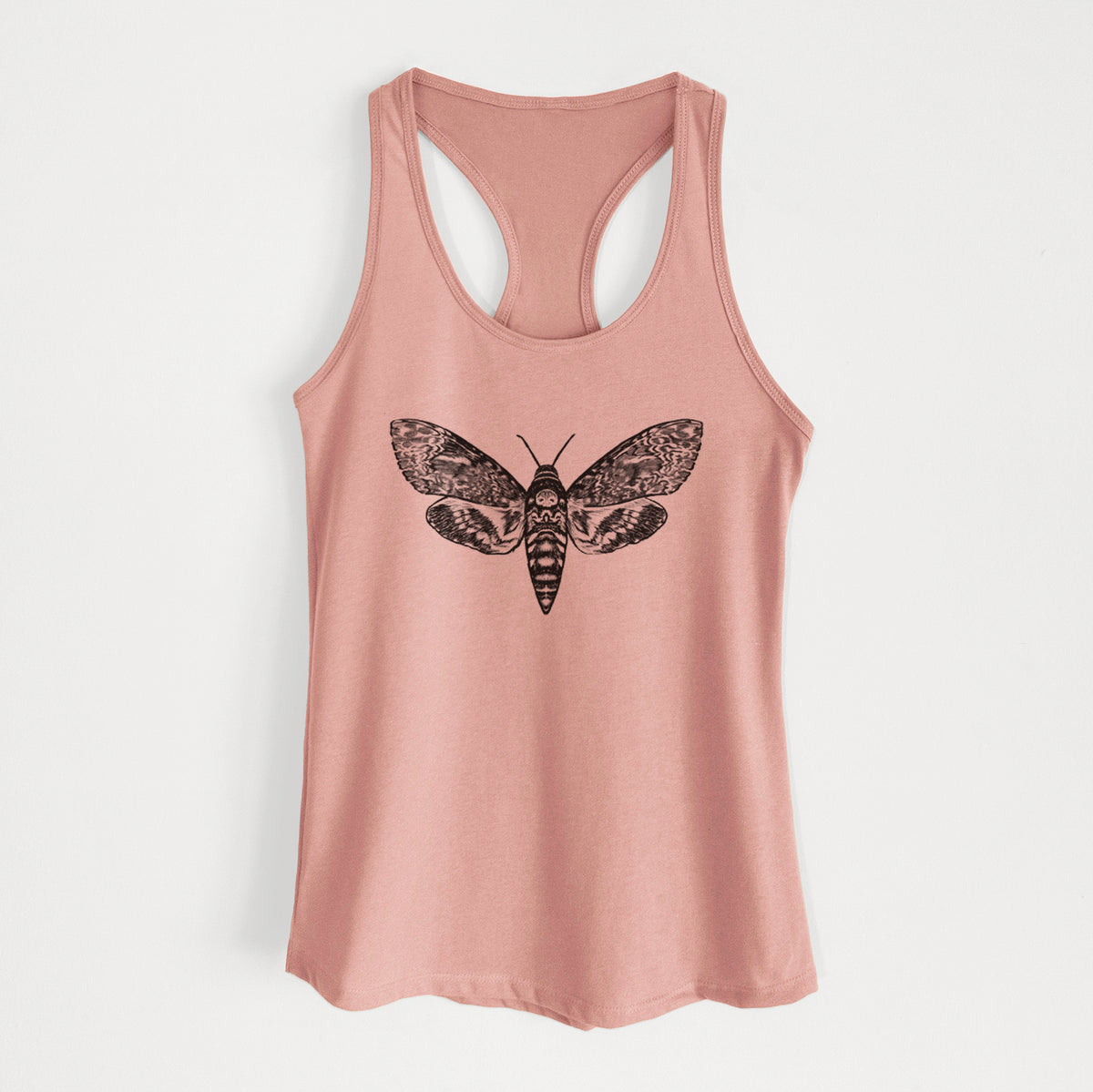 Desert pink women's racerback tank top laid flat, printed with a detailed black ink illustration of a death's-head hawkmoth with its wings spread.