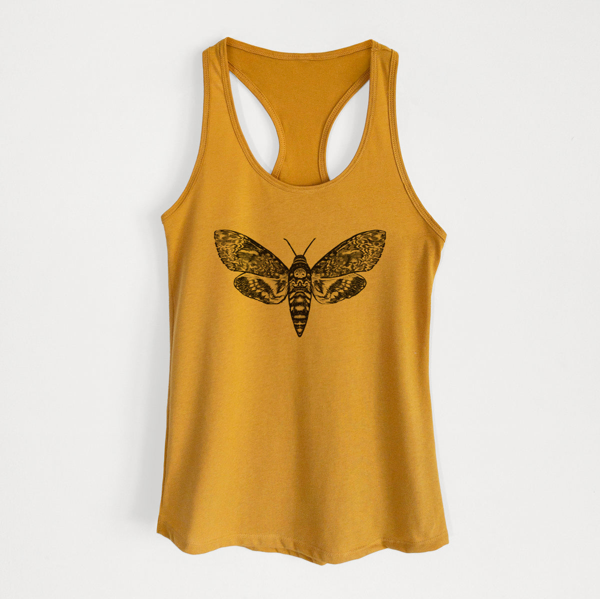 Gold women's racerback tank top laid flat, printed with a detailed black ink illustration of a death's-head hawkmoth with its wings spread.
