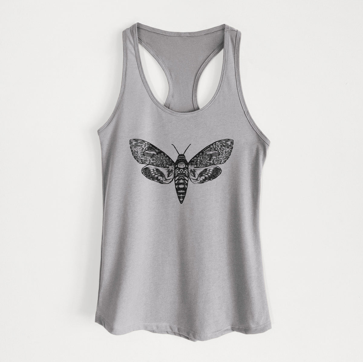 Heather grey women's racerback tank top laid flat, printed with a detailed black ink illustration of a death's-head hawkmoth with its wings spread.