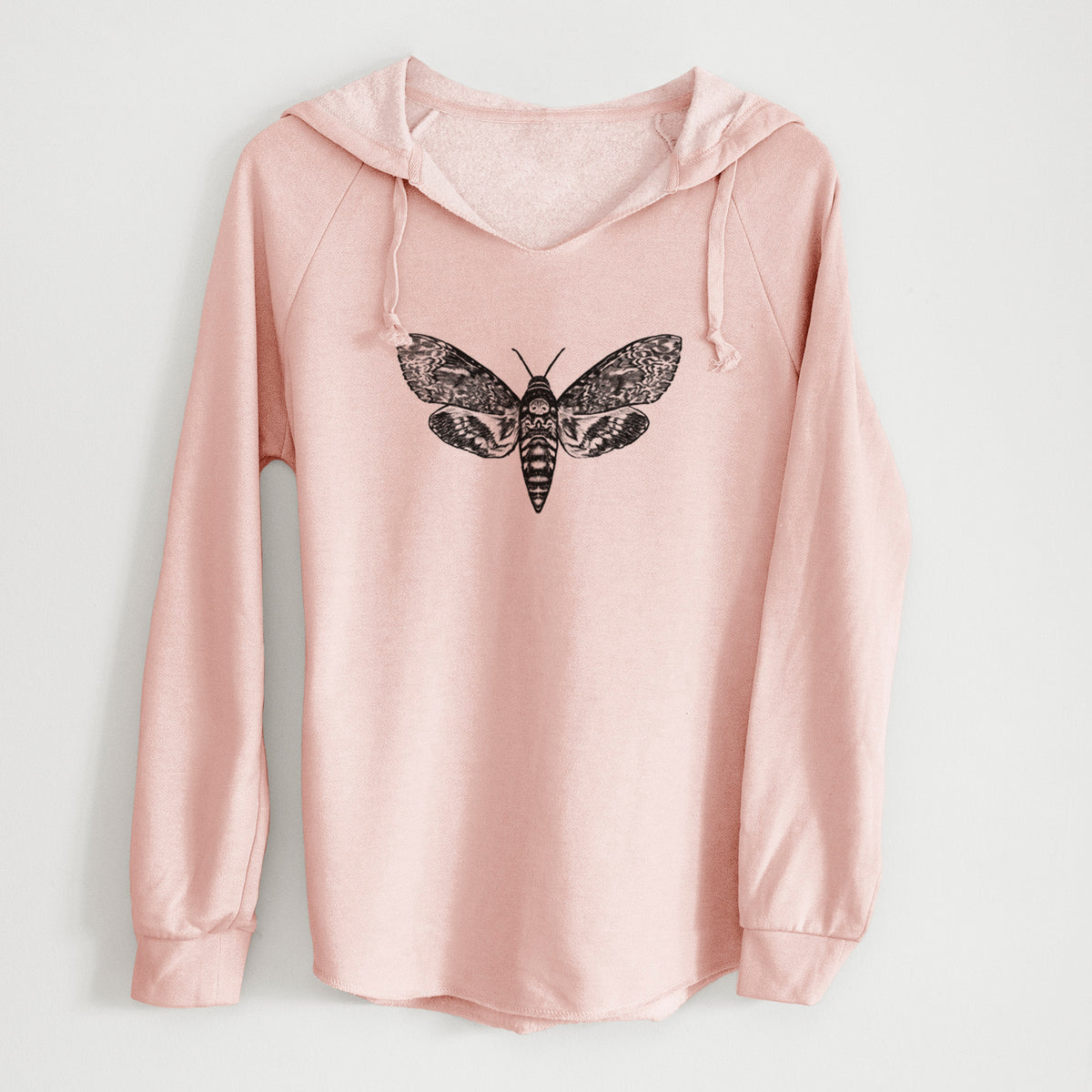 Blush pink women's Cali Wave hooded sweatshirt laid flat, printed with a detailed black ink illustration of a death's-head hawkmoth with its wings spread.